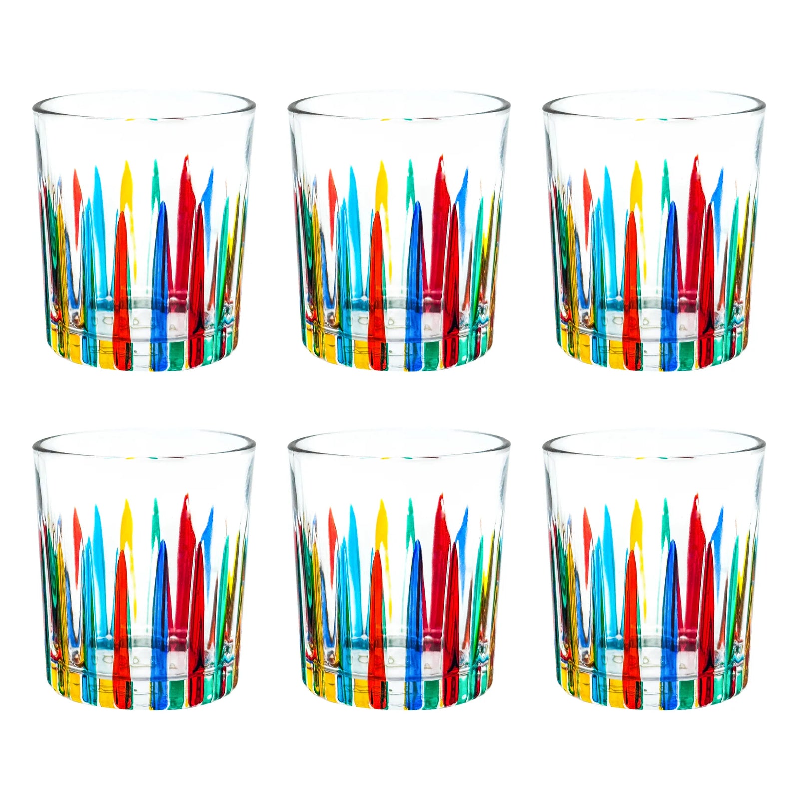 Set of six DZ hand-painted Italian crystal shot glasses with timeless design, elegant and transparent for sophisticated drinking occasions.