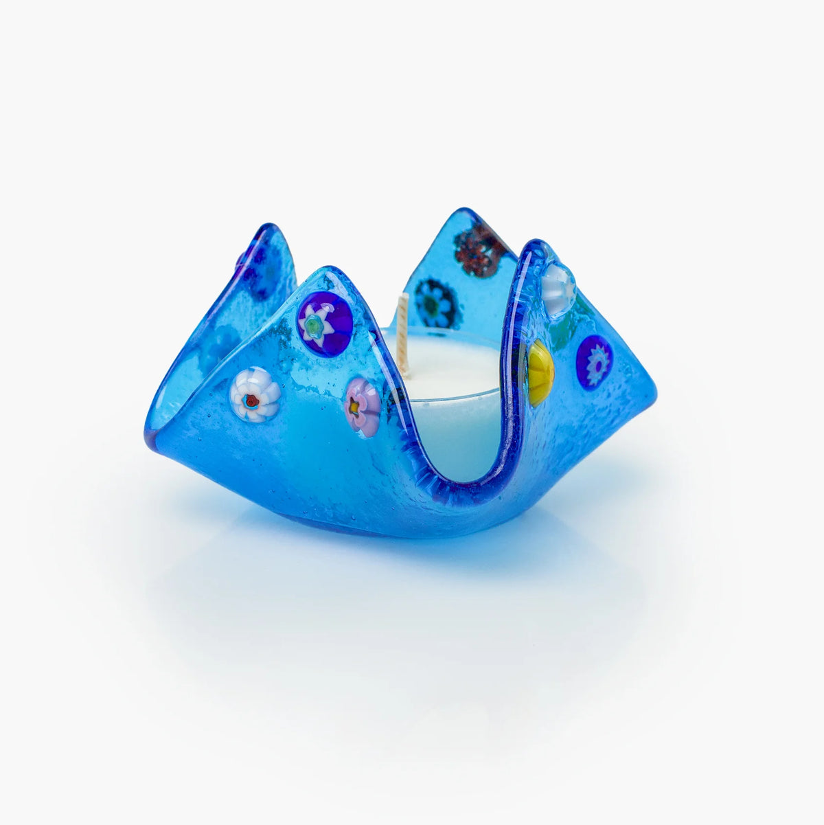 Colorful Murano glass Millefiori candle votive holder in decorative tray, handcrafted in Italy with intricate glasswork.