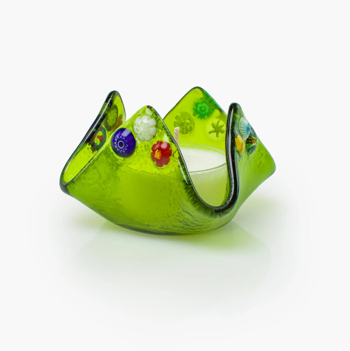 Colorful Murano Glass Millefiori candle votive holder with decorative tissue design, made in Italy, by MyItalianDecor.