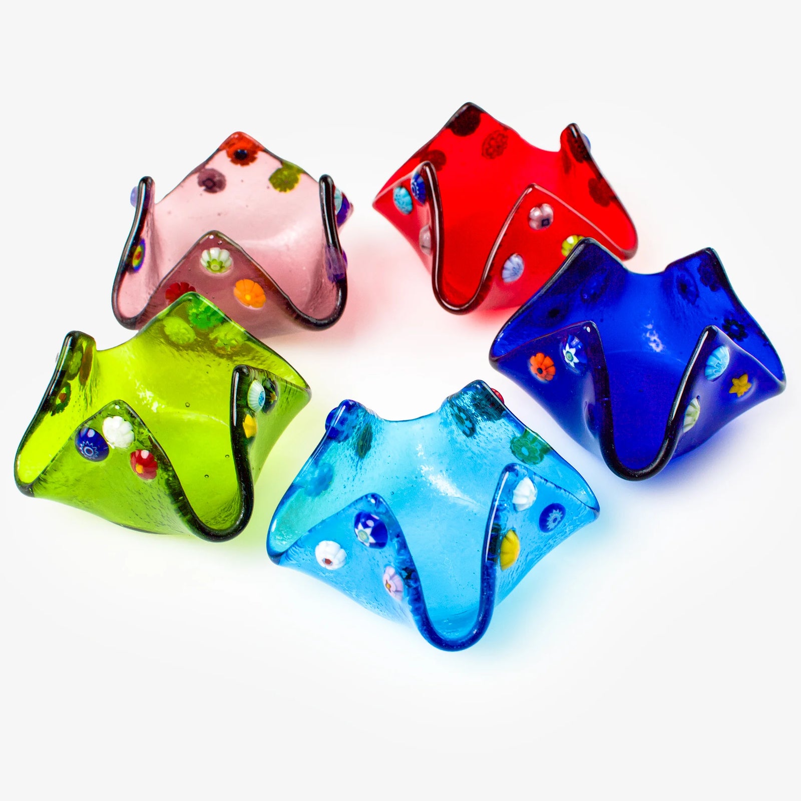 Colorful Murano glass Millefiori candle votive holder from Italy, featuring intricate decorative glasswork and vibrant patterns.