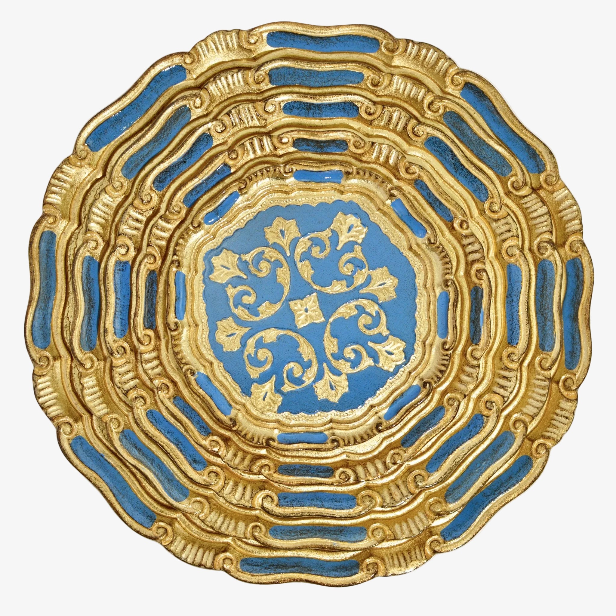 Decorative Florentine carved gilded wood circle tray with intricate patterns, made in Italy, by My Italian Decor.
