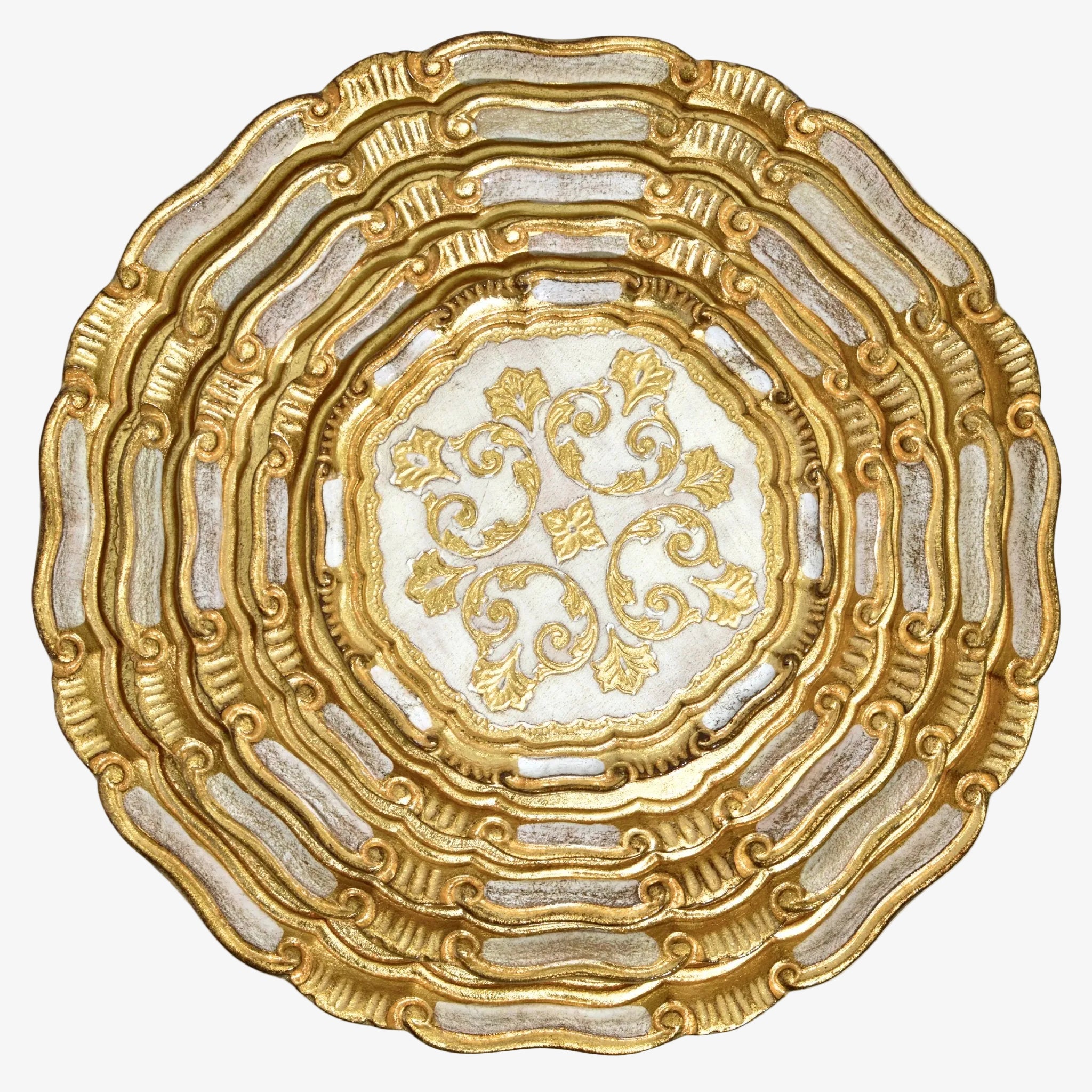 Decorative Florentine carved gilded wood circle tray with intricate design, made in Italy, by My Italian Decor.