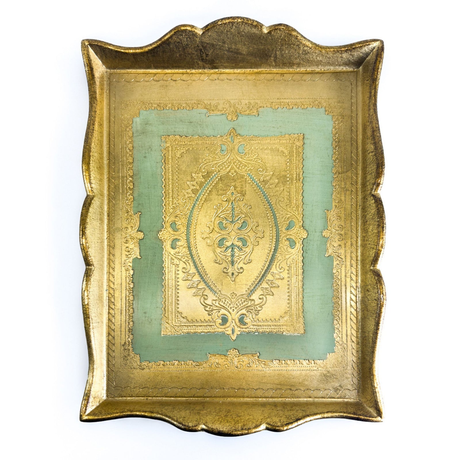 Decorative Florentine carved deep-sided rectangle tray by My Italian Decor, featuring intricate Italian craftsmanship and design.