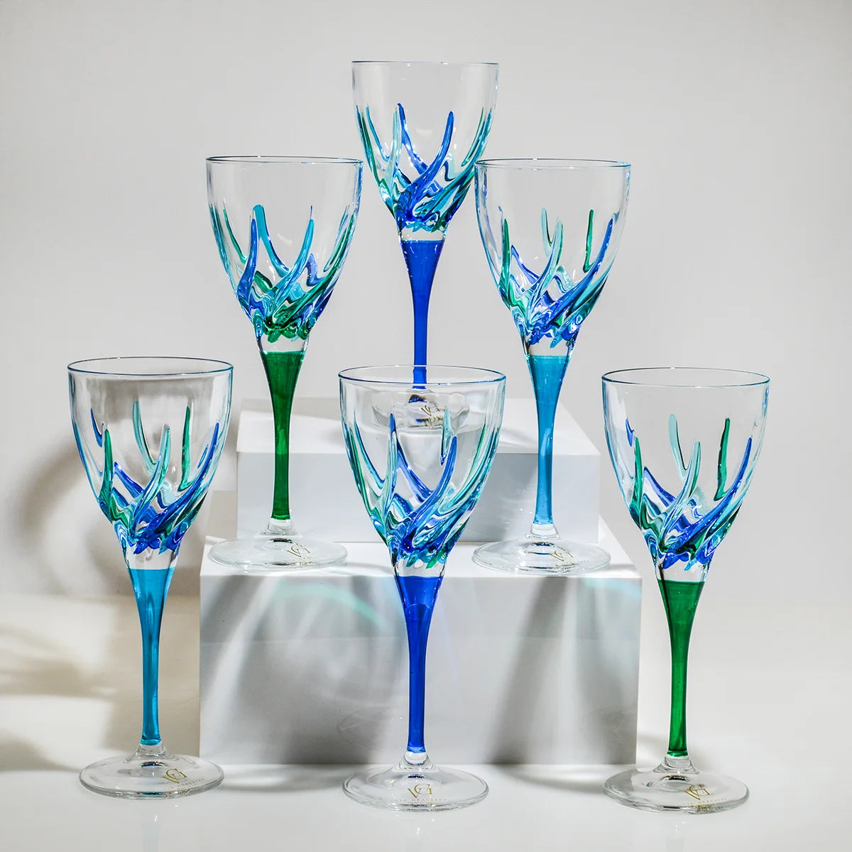 Set of 2 Trix Wine Glasses, Blue/Green