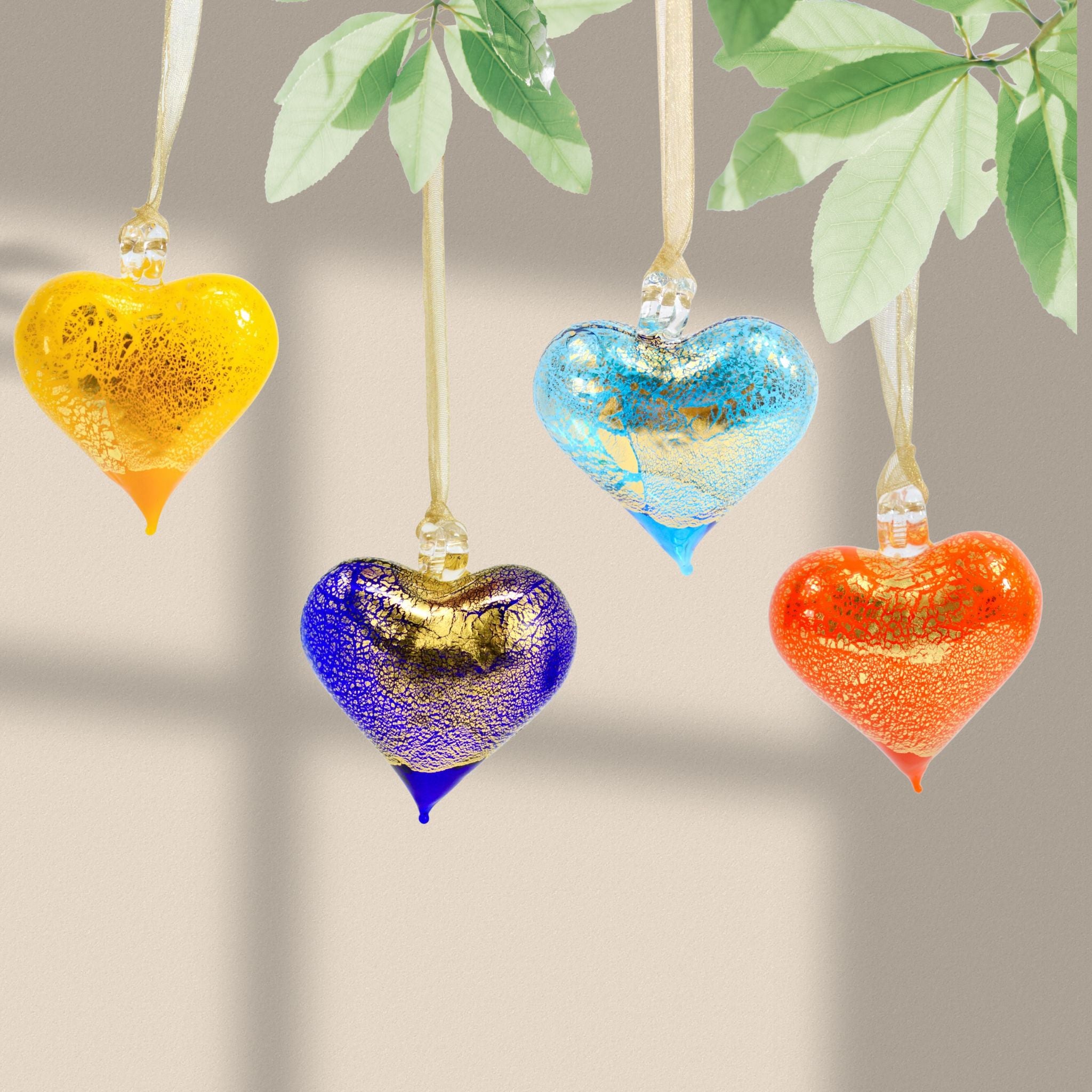 Colorful Murano glass small heart ornament from Italy, perfect as a holiday decoration, handcrafted by MyItalianDecor.