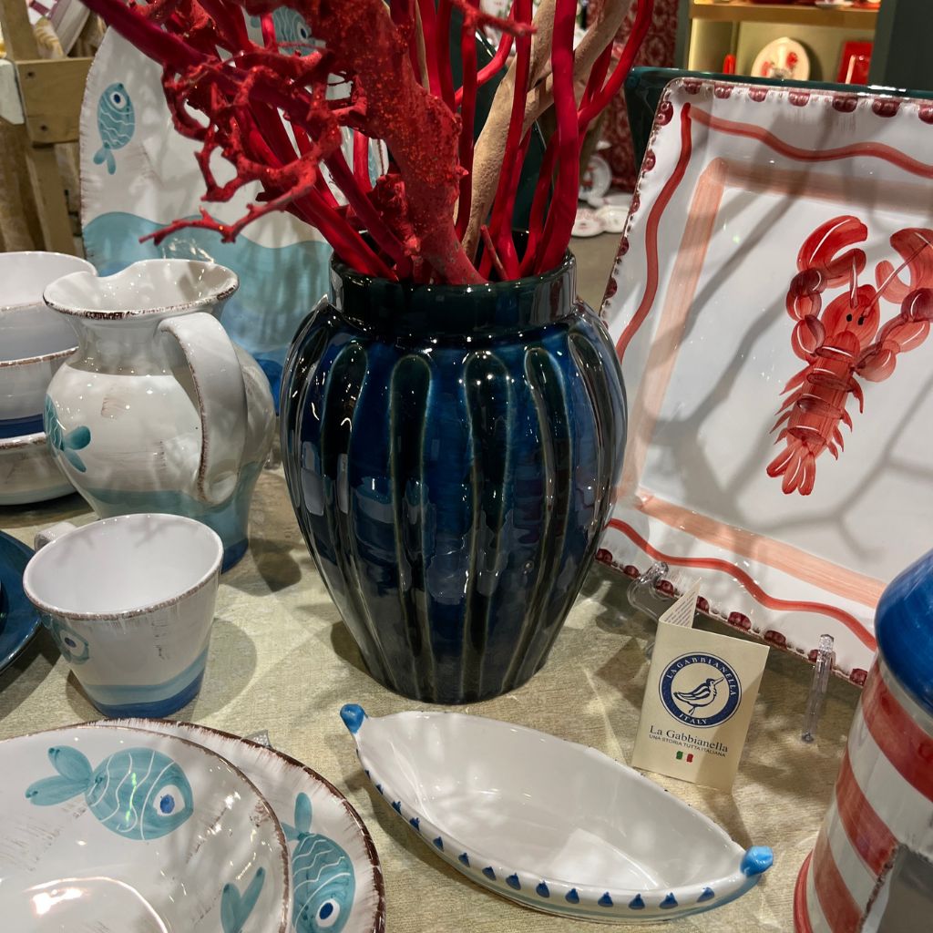 Large blue ceramic vase by La Gabbianella, made in Italy, with smooth curved design and glossy finish, ideal for home decor.