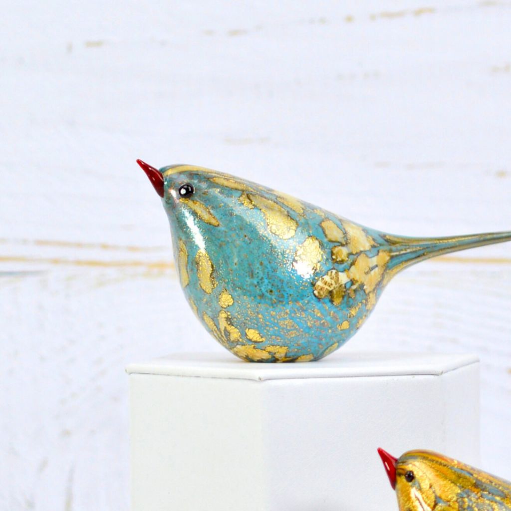 Murano glass teal Chirpie bird figurine by My Italian Decor, handcrafted Italian Murano art glass sculpture.
