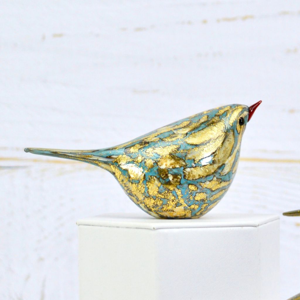 Murano glass teal Chirpie bird figurine by My Italian Decor, handcrafted Italian Murano glass sculpture with delicate details.