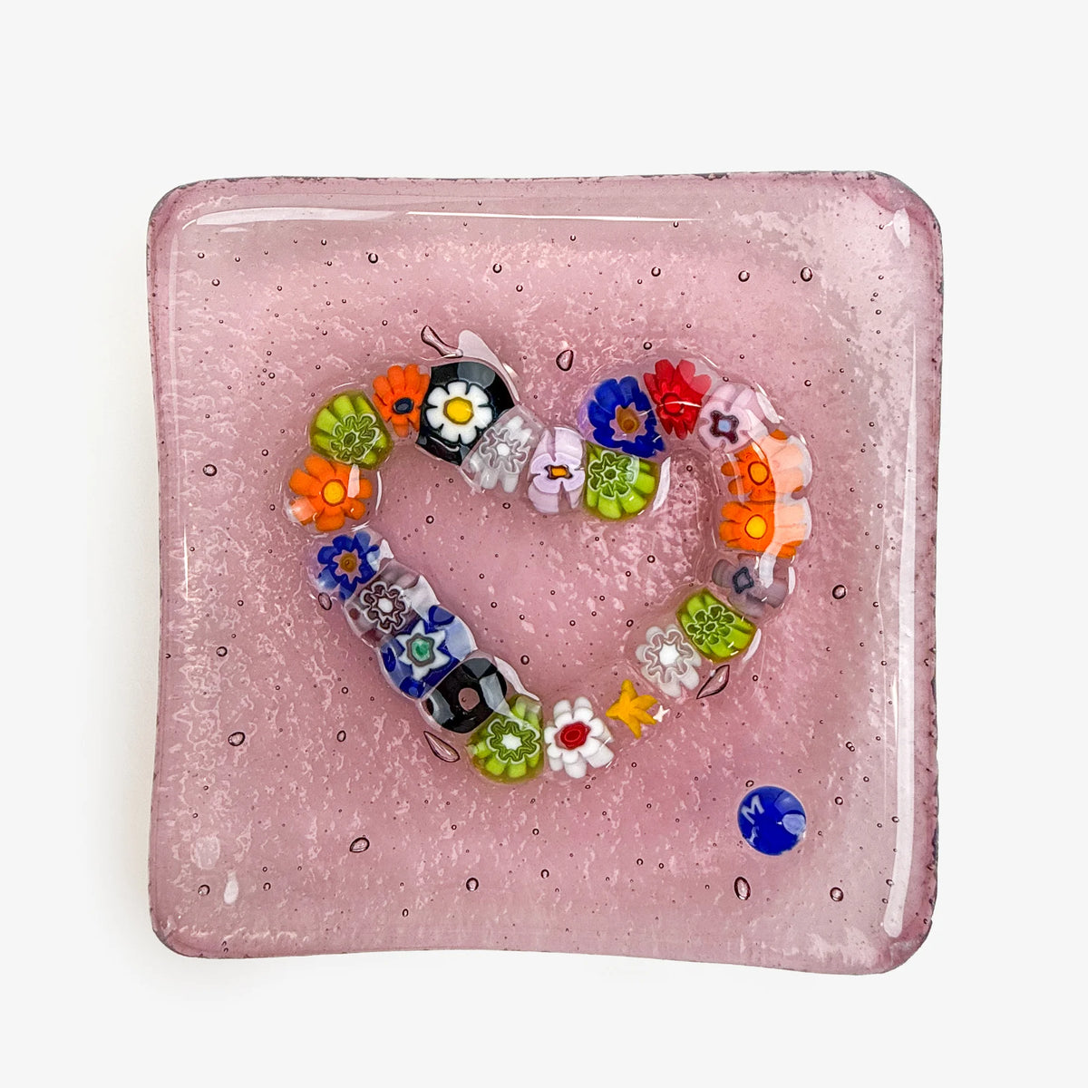 Decorative Murano glass heart-shaped dish with colorful Millefiori design, 3.25-inch catch-all tray for jewelry or small items.
