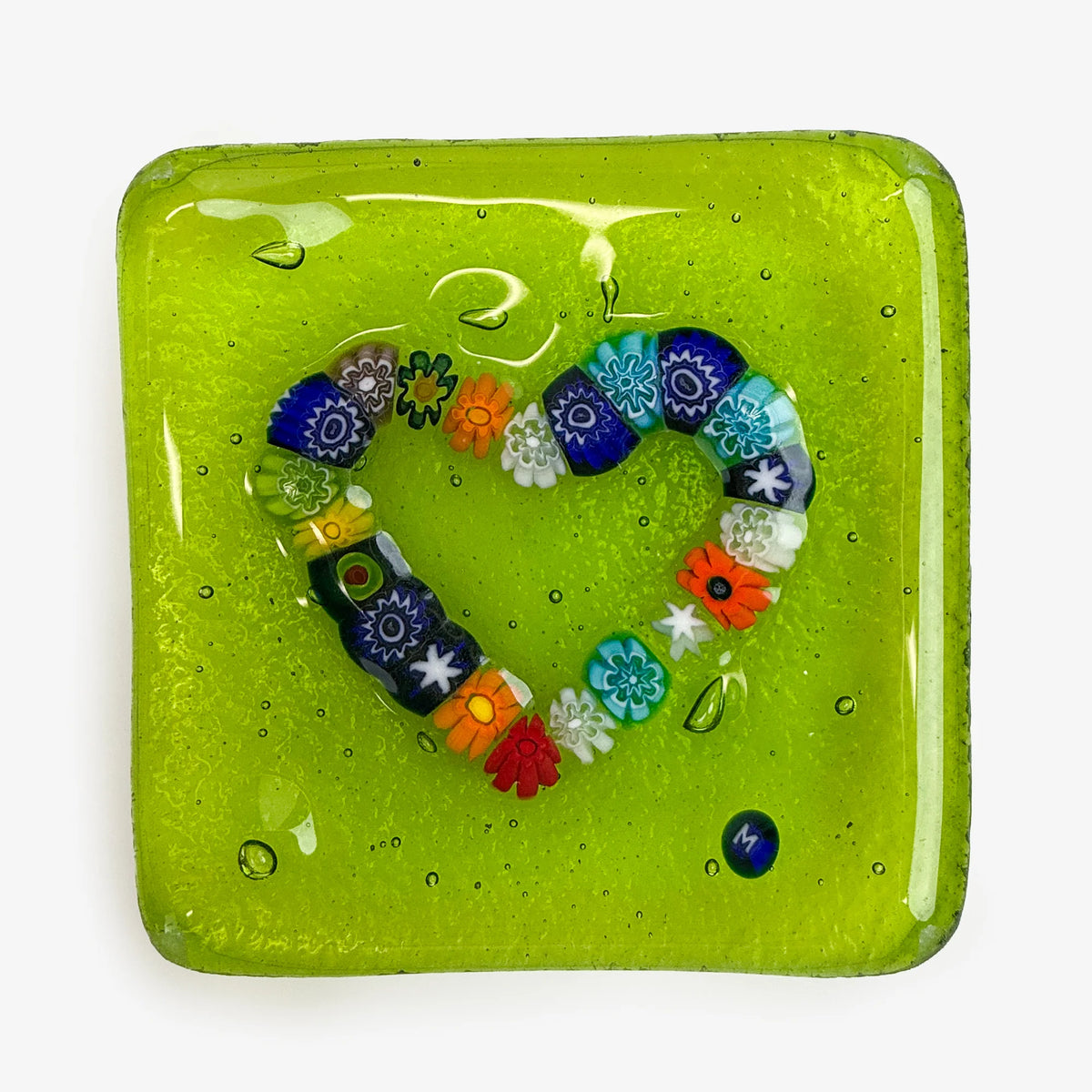 Murano glass heart-shaped catch-all dish with Millefiori design, 3.25 inches, decorative Murano glass tray by MyItalianDecor.