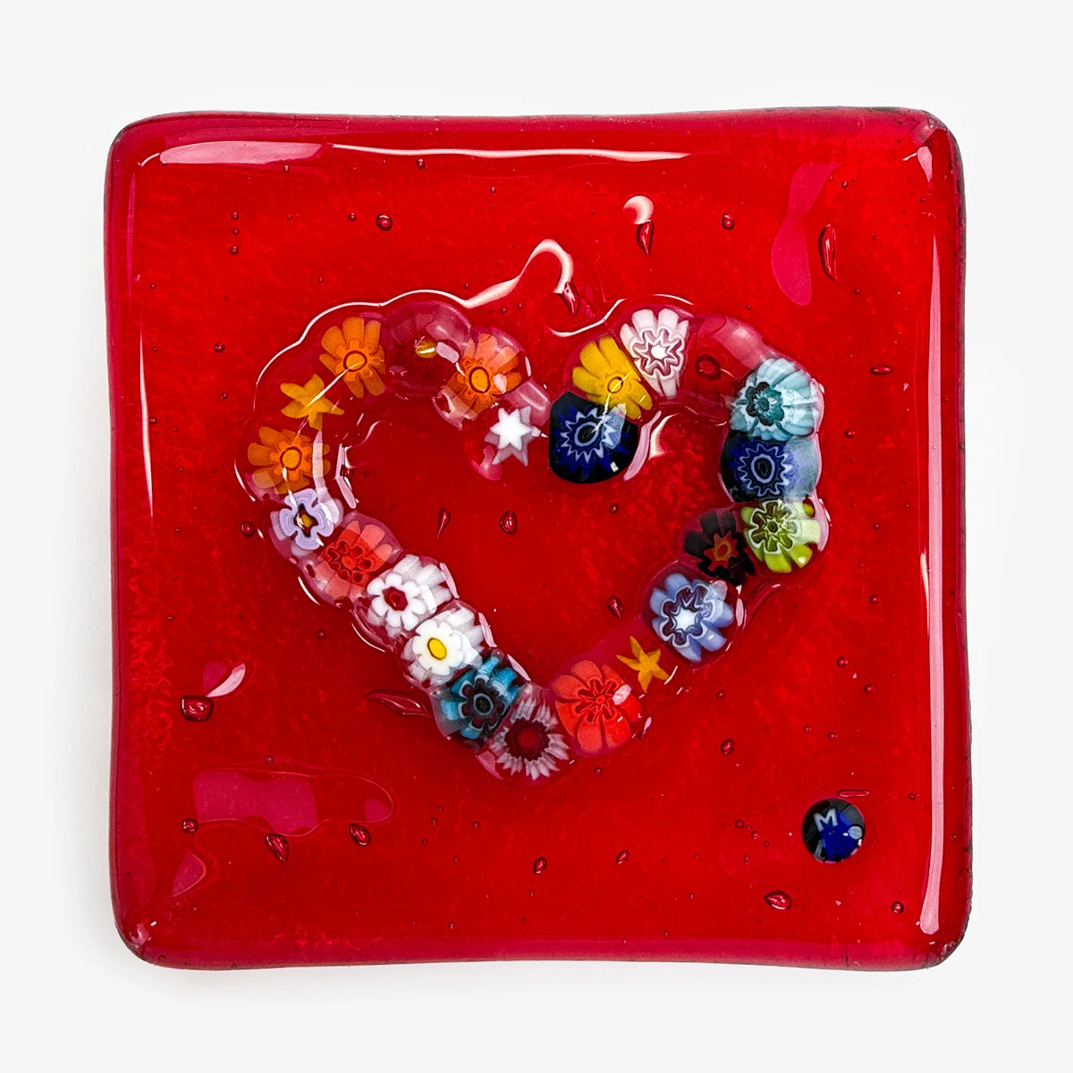 Decorative Murano Glass Heart Dish by MyItalianDecor, 3.25-inch Millefiori catch-all tray with colorful floral patterns.