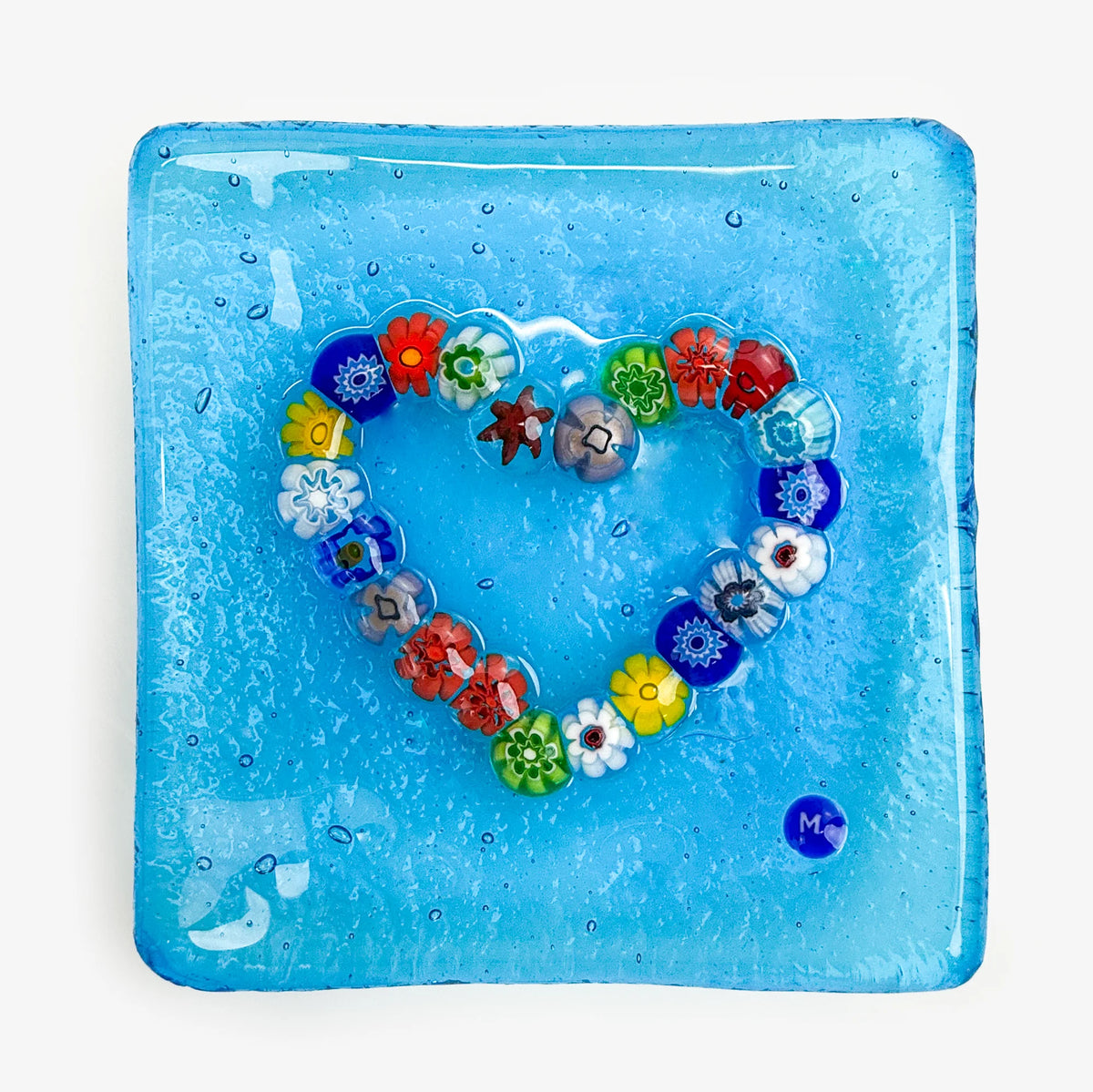 Murano glass heart-shaped dish, 3.25 inches, decorative Millefiori catch-all tray with colorful floral patterns.