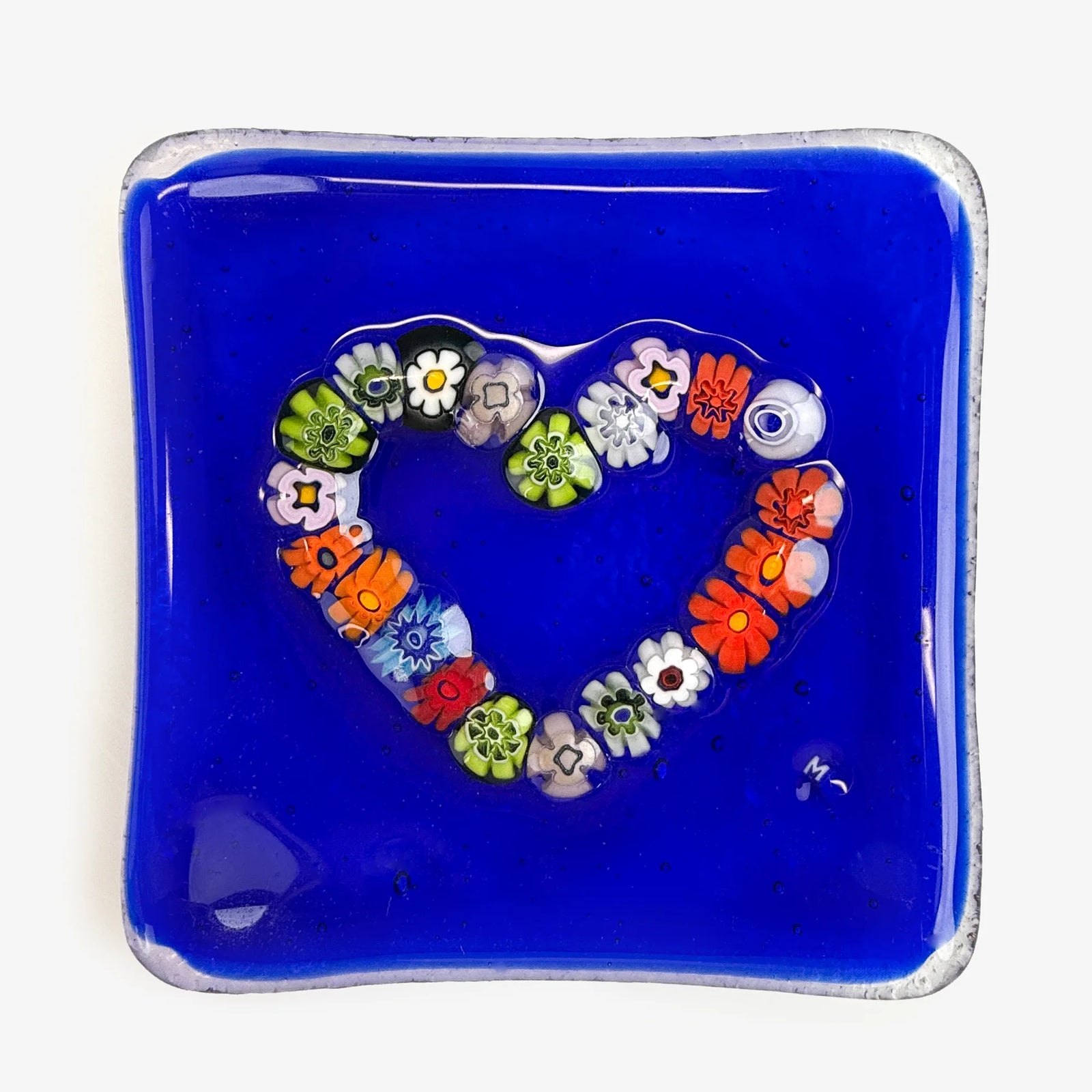 Decorative Murano glass heart dish with Millefiori pattern, 4-inch catch-all tray for jewelry or small items.