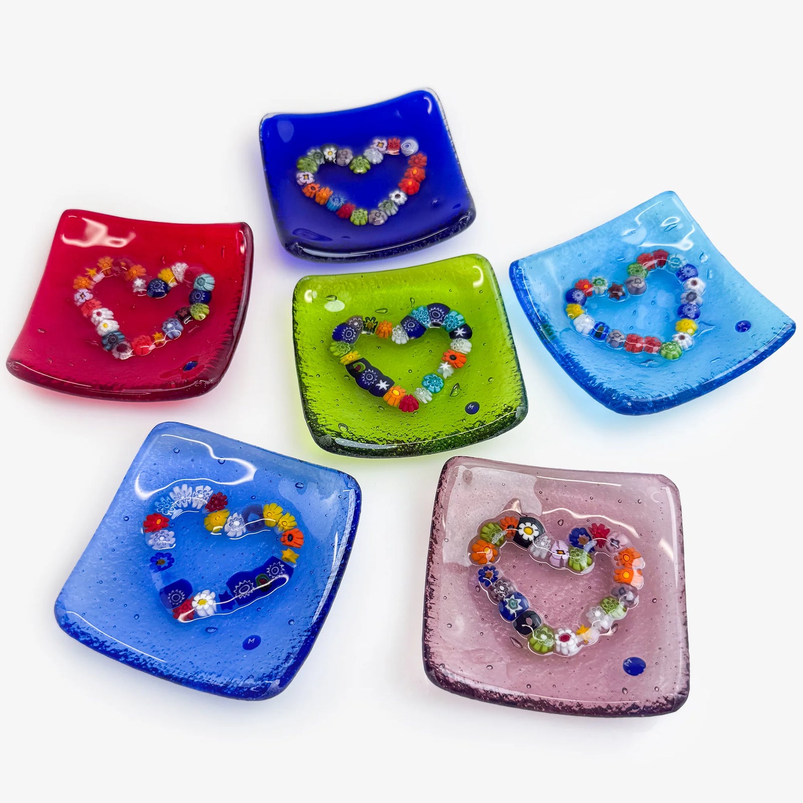 Murano glass heart-shaped catch-all dish with Millefiori design, 3.25 inches, decorative tray for jewelry or small items.