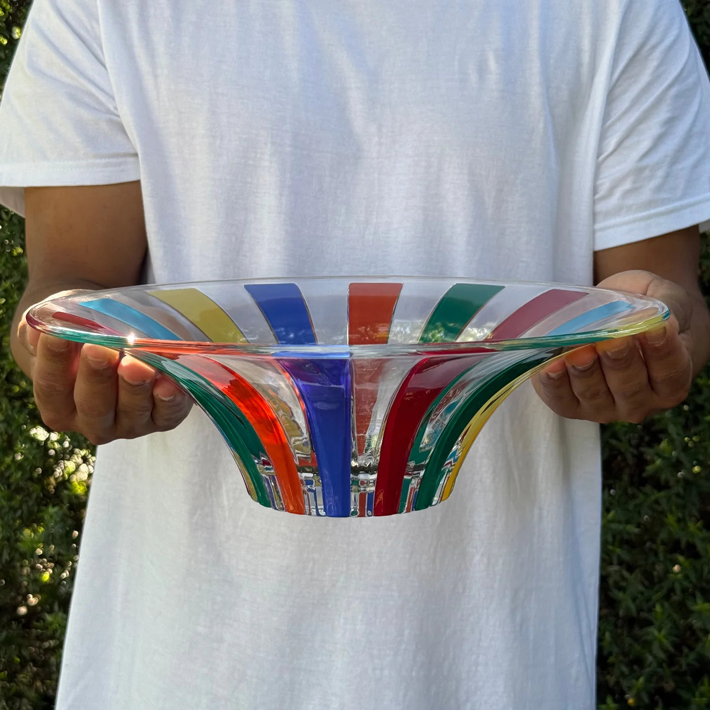 Elegant centerpiece bowl by DZ, timeless multicolor opaque Italian crystal decorative bowl for stylish table display.
