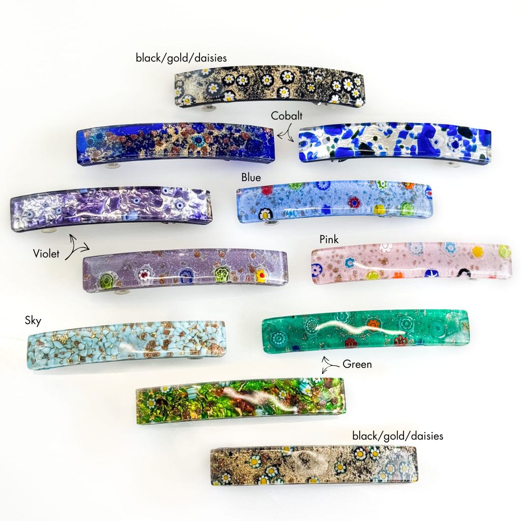 Violet Murano glass hair barrette by My Italian Decor, featuring a handcrafted colorful glass hair clip with intricate design.