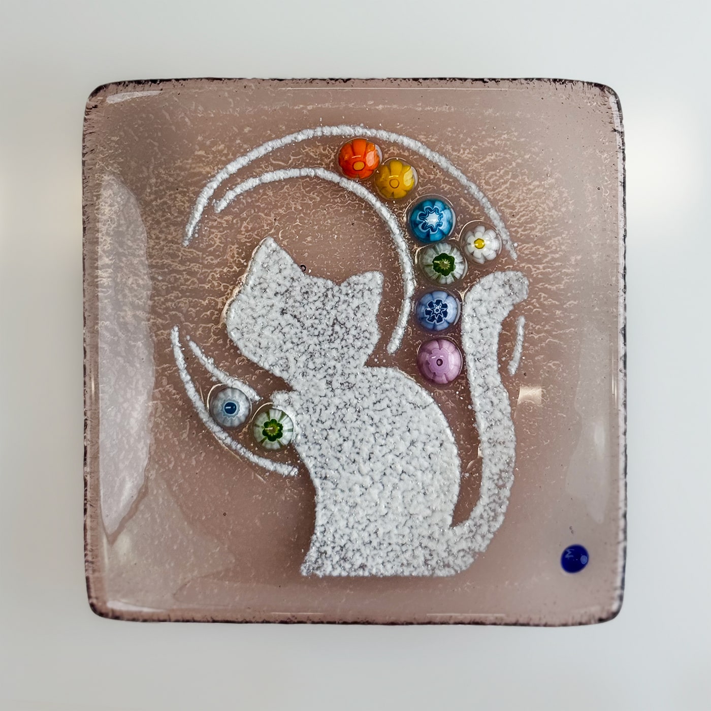 Small Murano glass Kitty Cat Catch-All Dish by MyItalianDecor, decorative tray with colorful cat design and smooth glass finish.