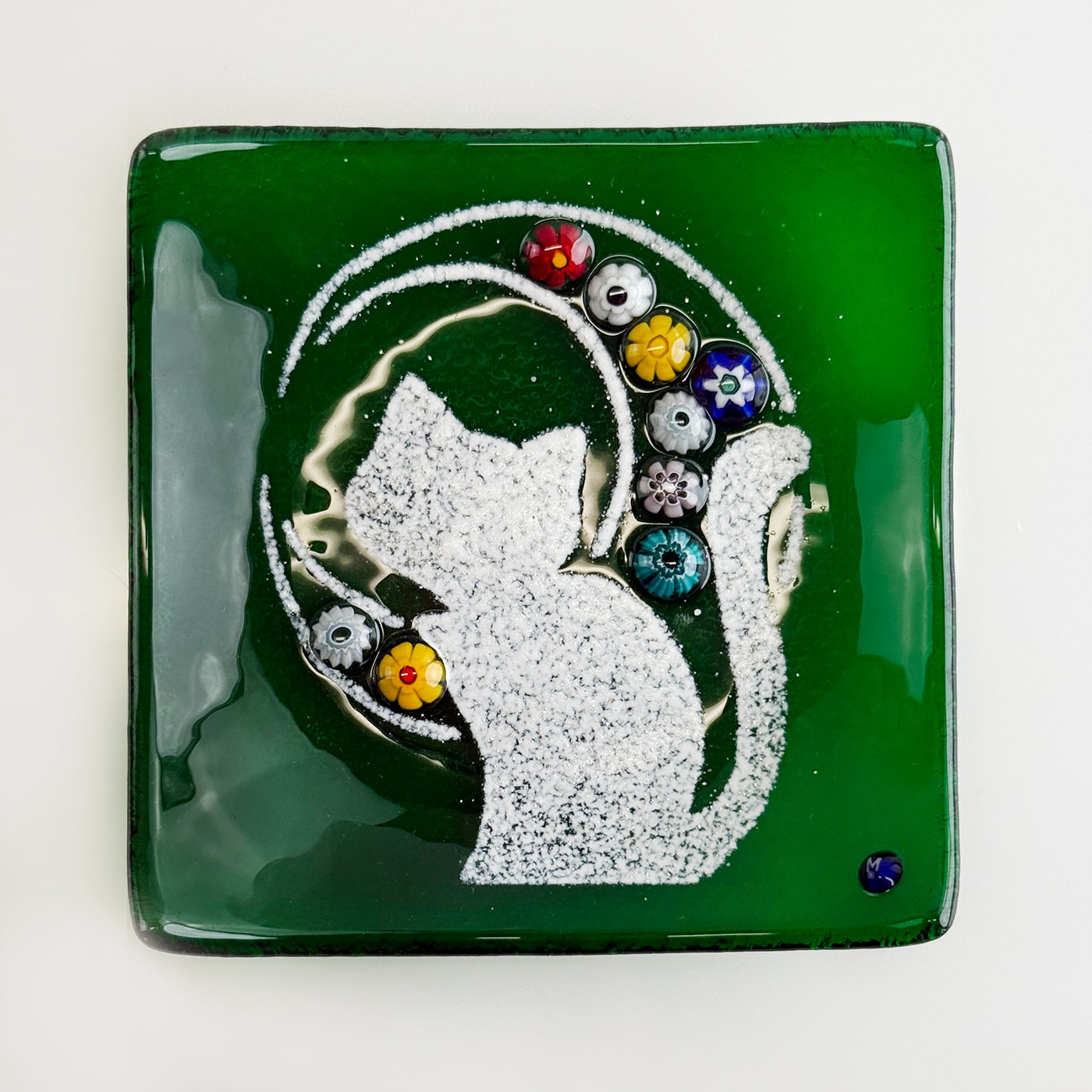 Small Murano glass Kitty Cat Catch-All Dish by MyItalianDecor, decorative tray with colorful cat design and smooth glass finish.