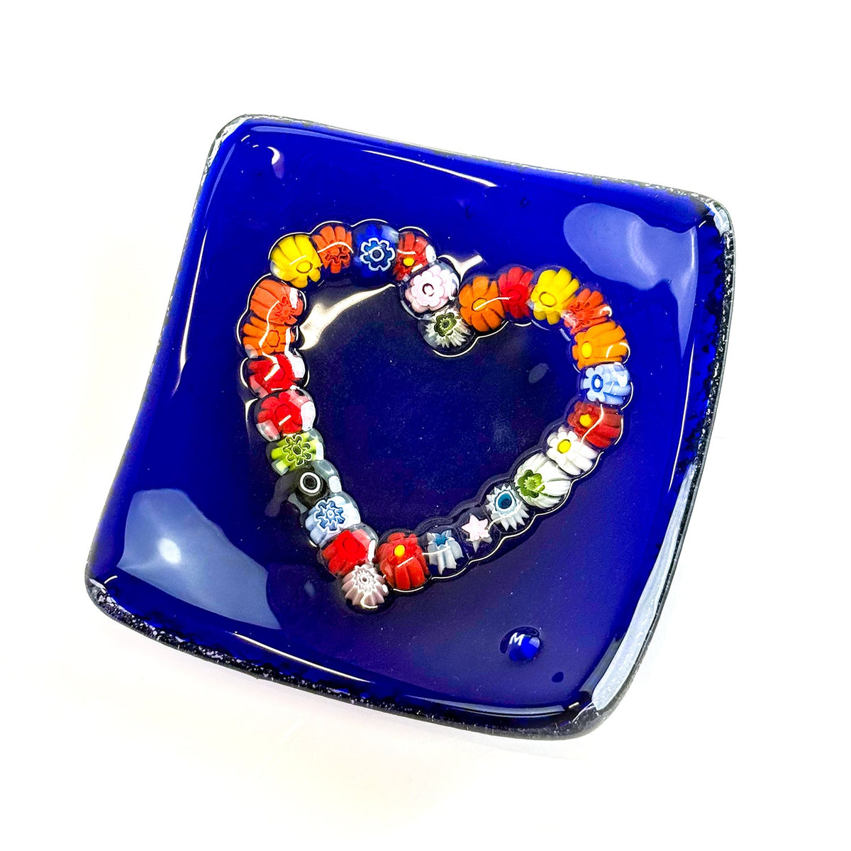 Colorful Murano glass heart-shaped dish, 4-inch Millefiori decorative tray for jewelry or small items.