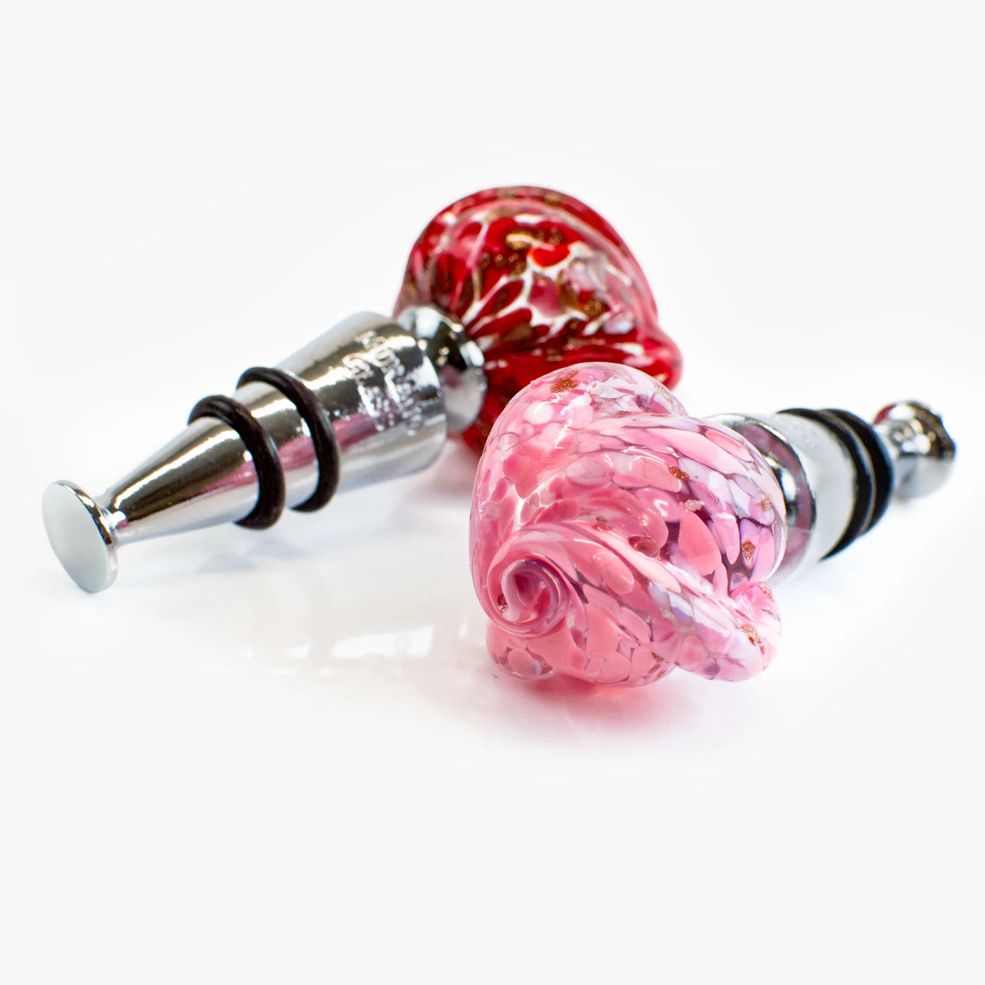 Murano glass wine stopper with rose design by My Italian Decor, featuring a colorful, handcrafted glass rose on a cork stopper.