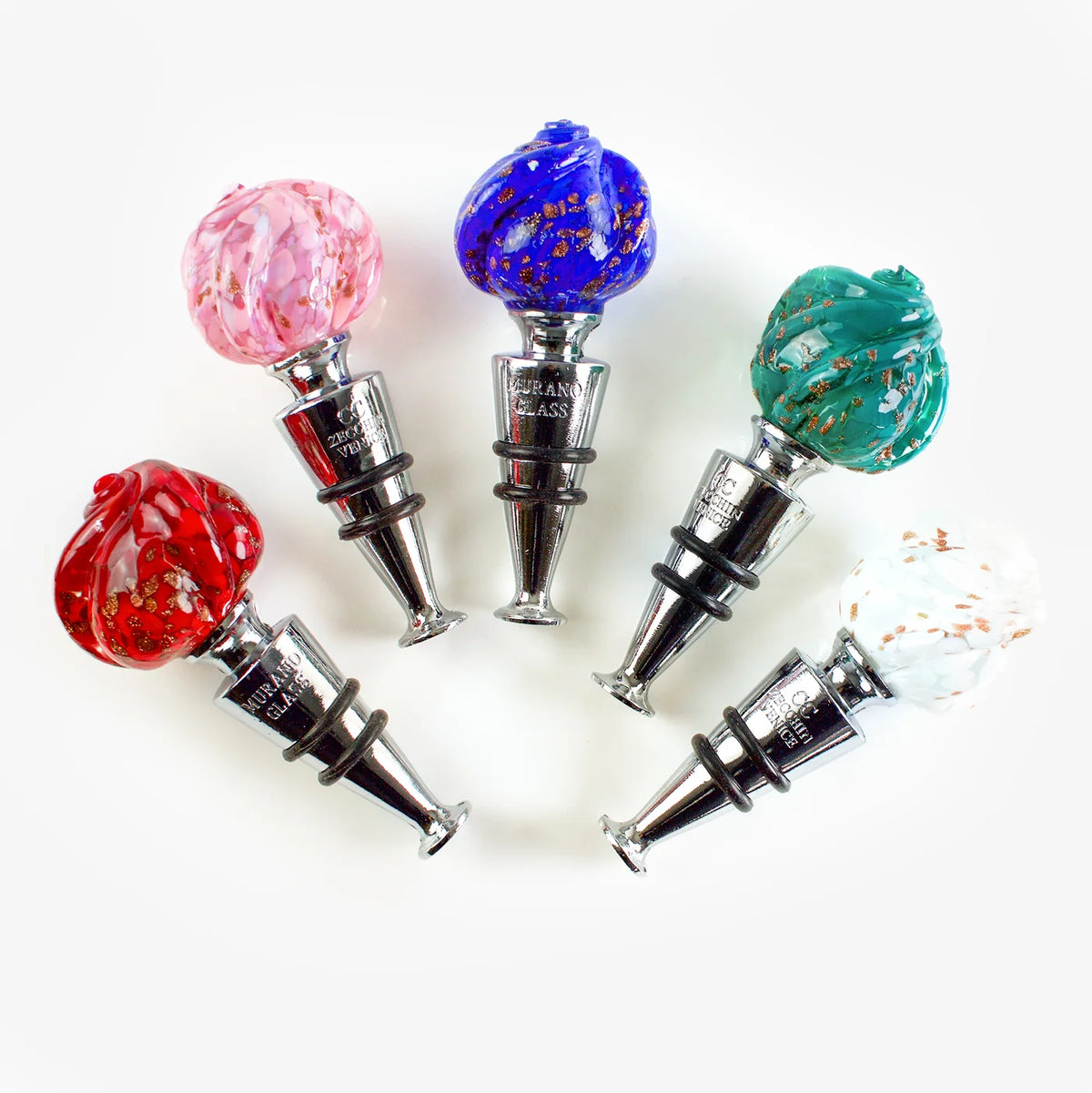 Murano glass wine stopper with rose design, elegant and colorful, from My Italian Decor, perfect for preserving wine bottles.