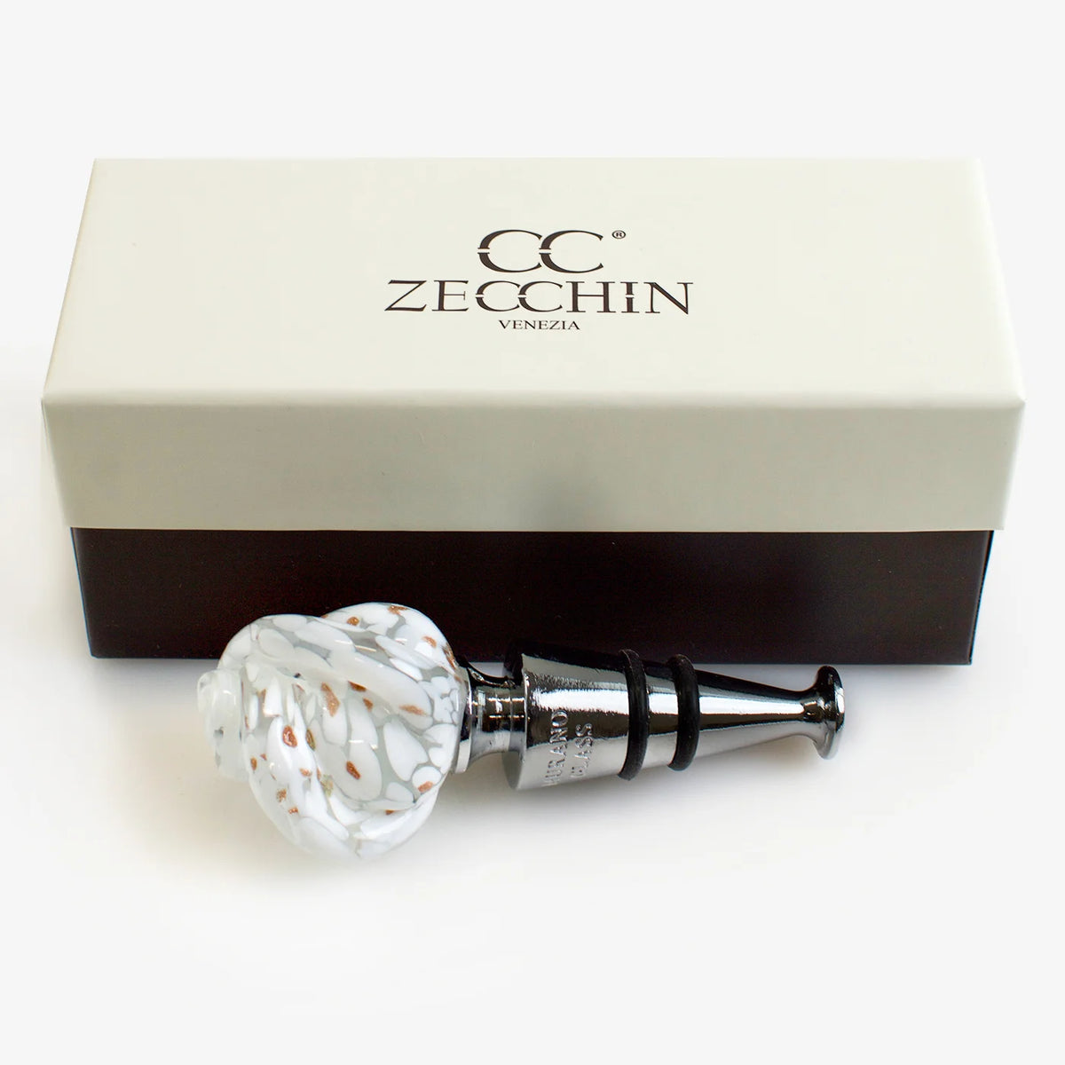 Murano glass wine stopper in rose style with intricate pink and clear glass design, crafted for elegant wine preservation.