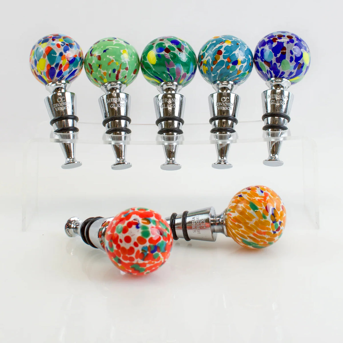 Colorful Murano glass wine stopper with festive multicolor design by My Italian Decor, perfect for sealing wine bottles.