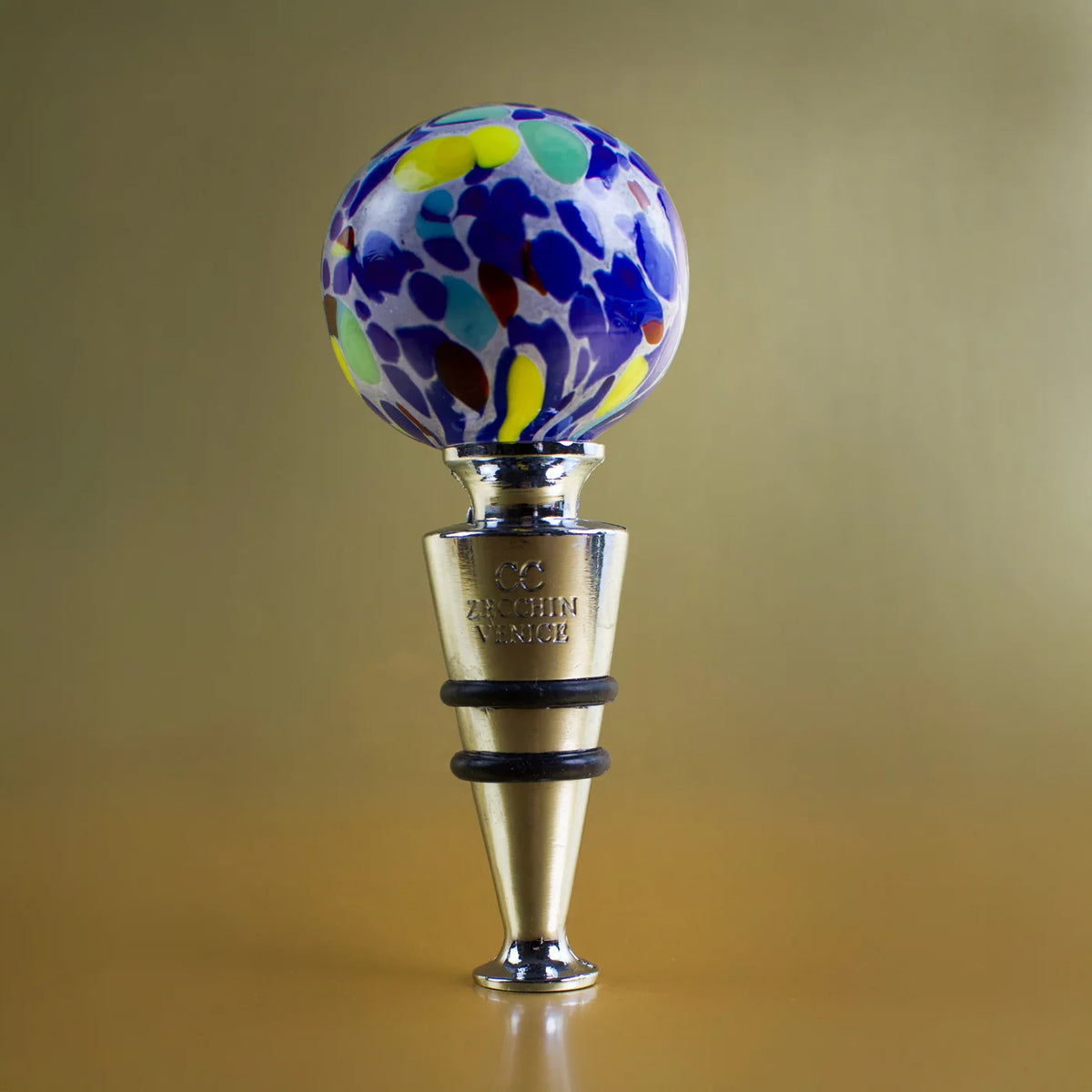 Colorful Murano glass wine stopper featuring Festa multicolors, designed for sealing and decorating wine bottles.