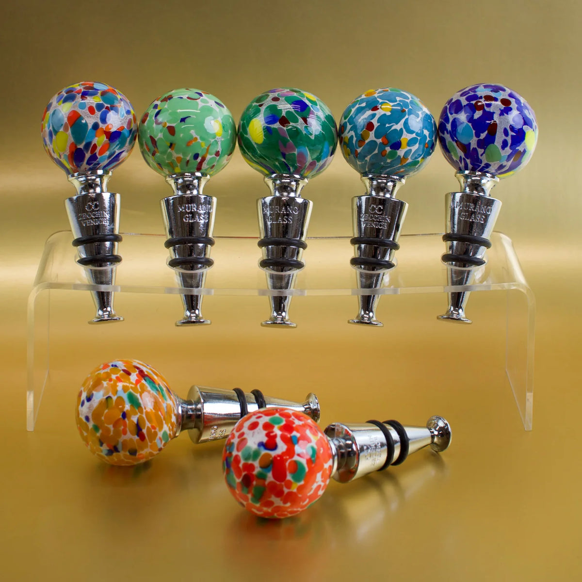 Colorful Murano glass wine stopper with Festa multicolor design, crafted by My Italian Decor, perfect for sealing wine bottles.