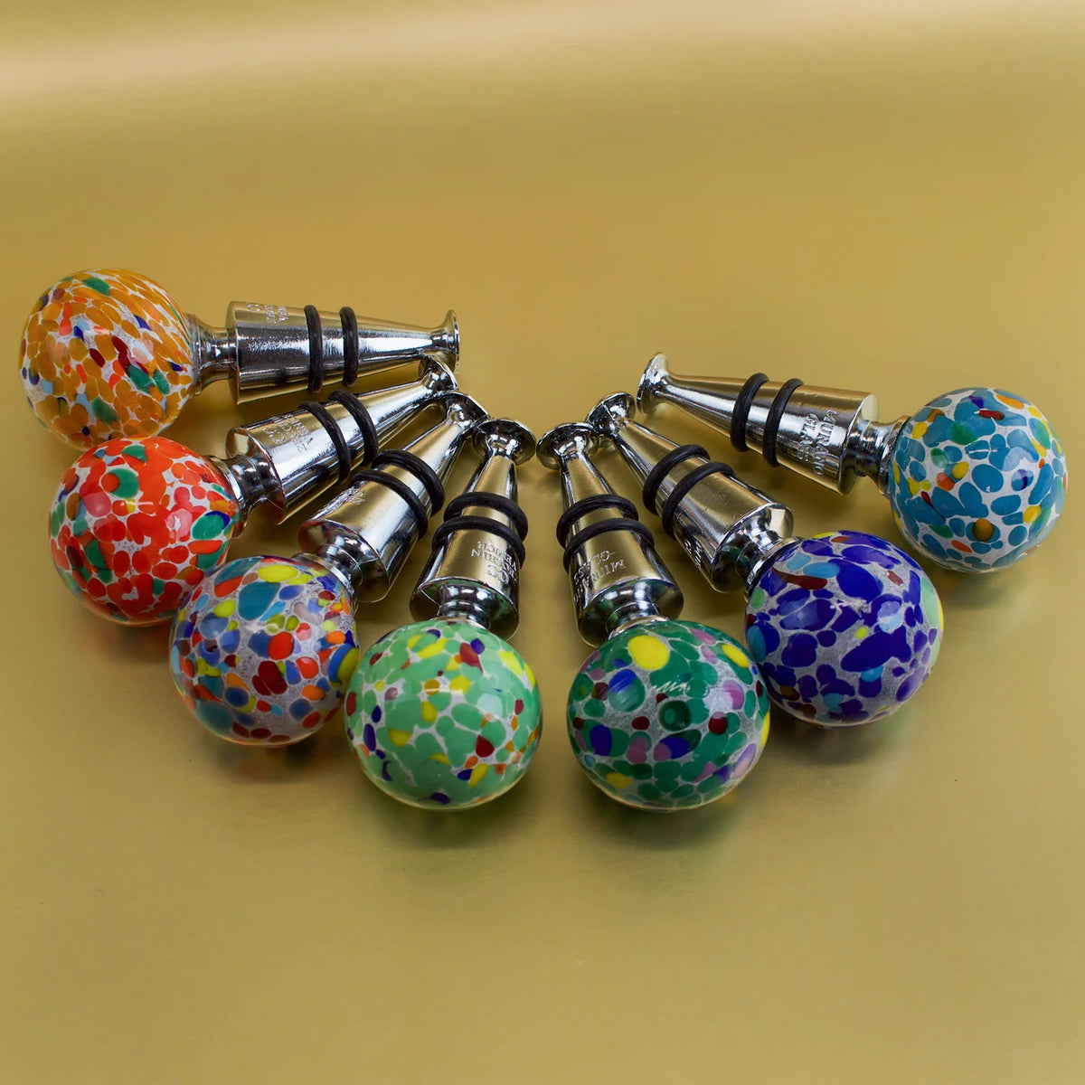 Colorful Murano glass wine stopper with Festa multicolors design, crafted by My Italian Decor.