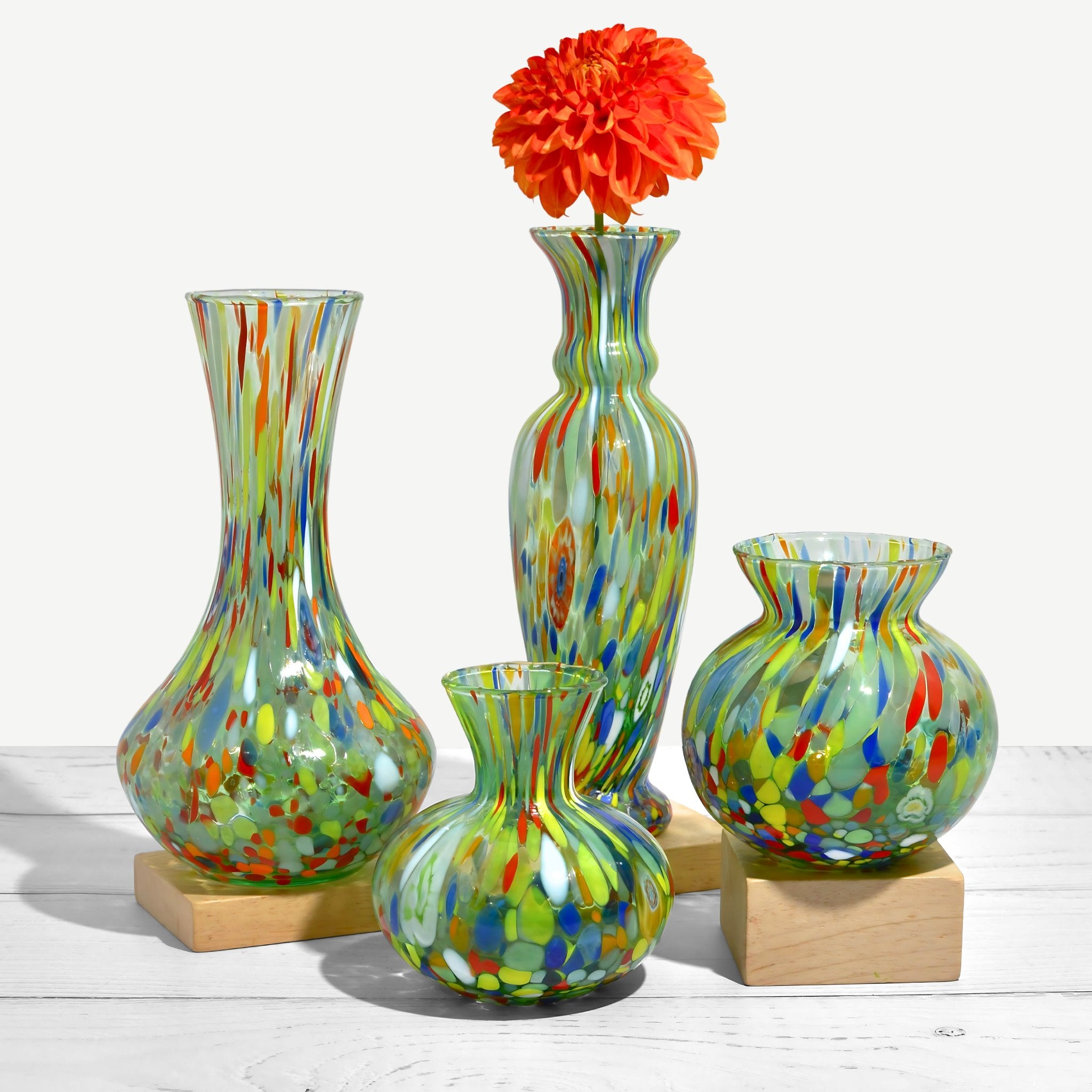 Green Tulip Slim Millefiori Murano Glass Vase by My Italian Decor, showcasing vibrant glass floral design and elegant shape.