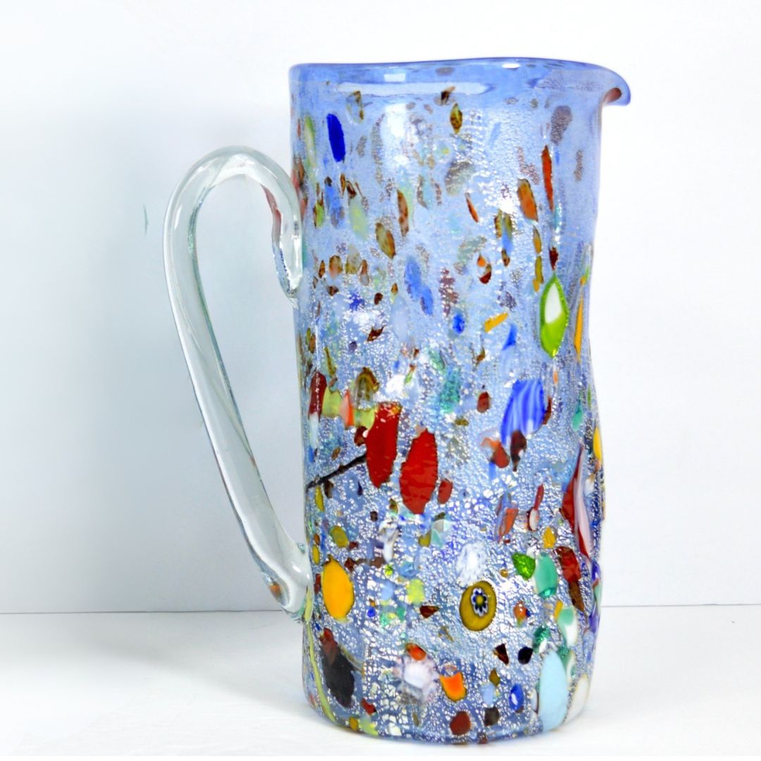 Murano Glass Pitcher - Crumpled Blue with Silver Foil - My Italian Decor