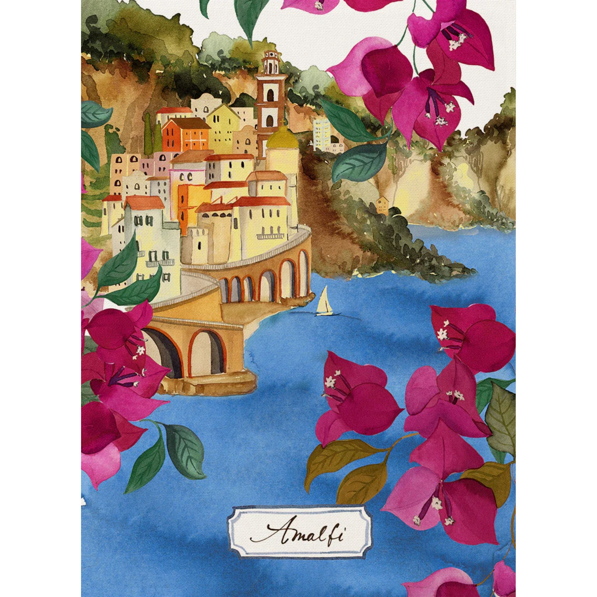 Bell'Italia linen kitchen towel featuring Amalfi design, made in Italy, with intricate pattern and high-quality 100% linen fabric.