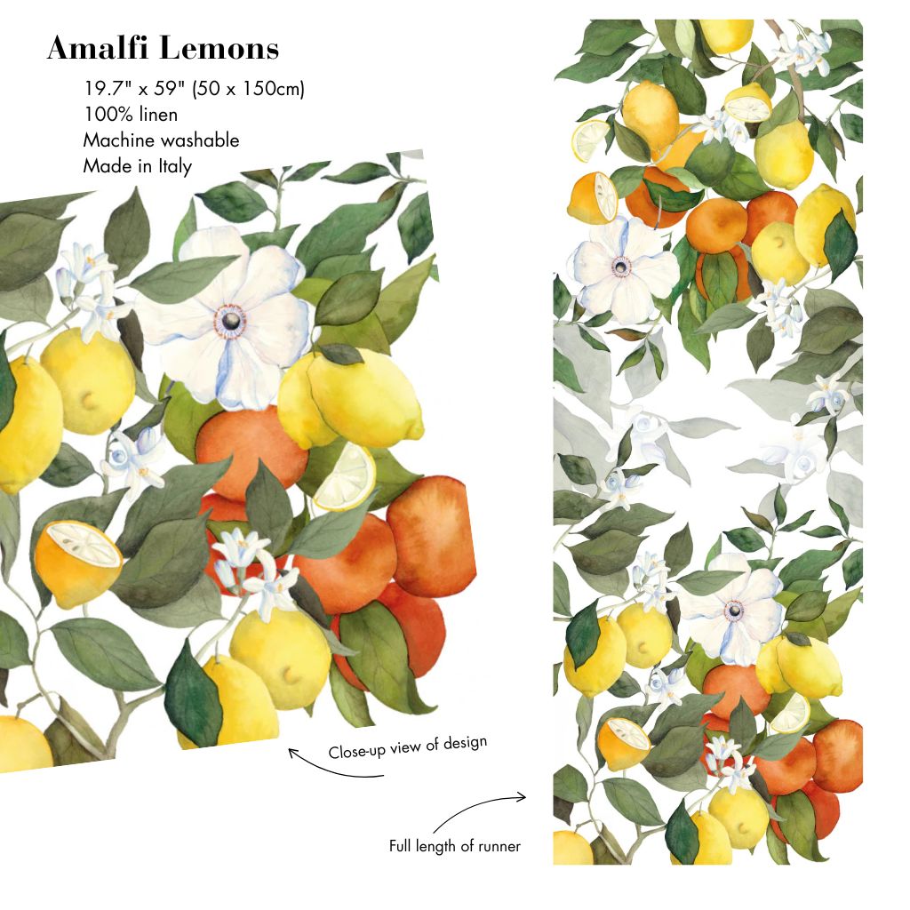 Amalfi Lemons linen table runner by My Italian Decor featuring a vibrant lemon print on natural linen fabric.