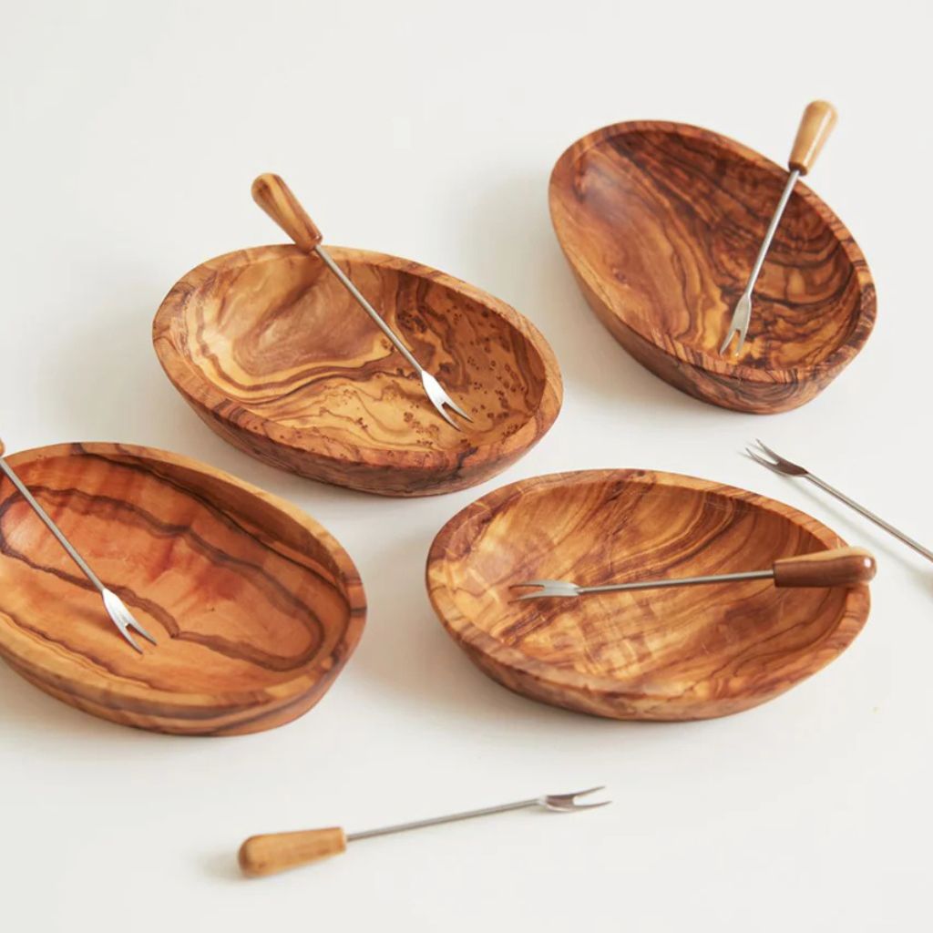 Set of Italian Olivewood aperitivo bowls and forks from My Italian Decor, featuring natural wood grain for serving appetizers.