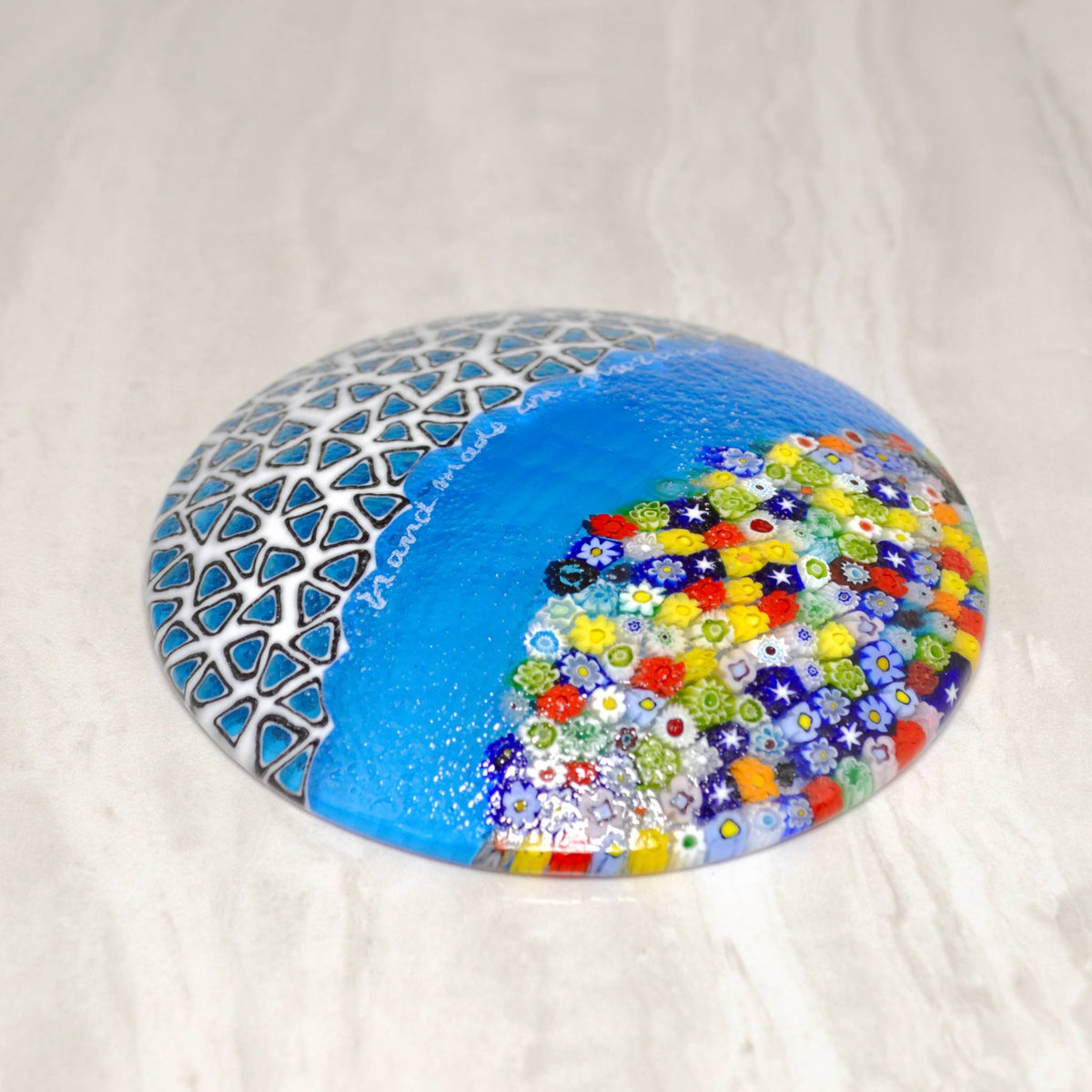 Round Murano Glass Luca Dish with Millefiori, Sky Blue, Signed by the artist - My Italian Decor