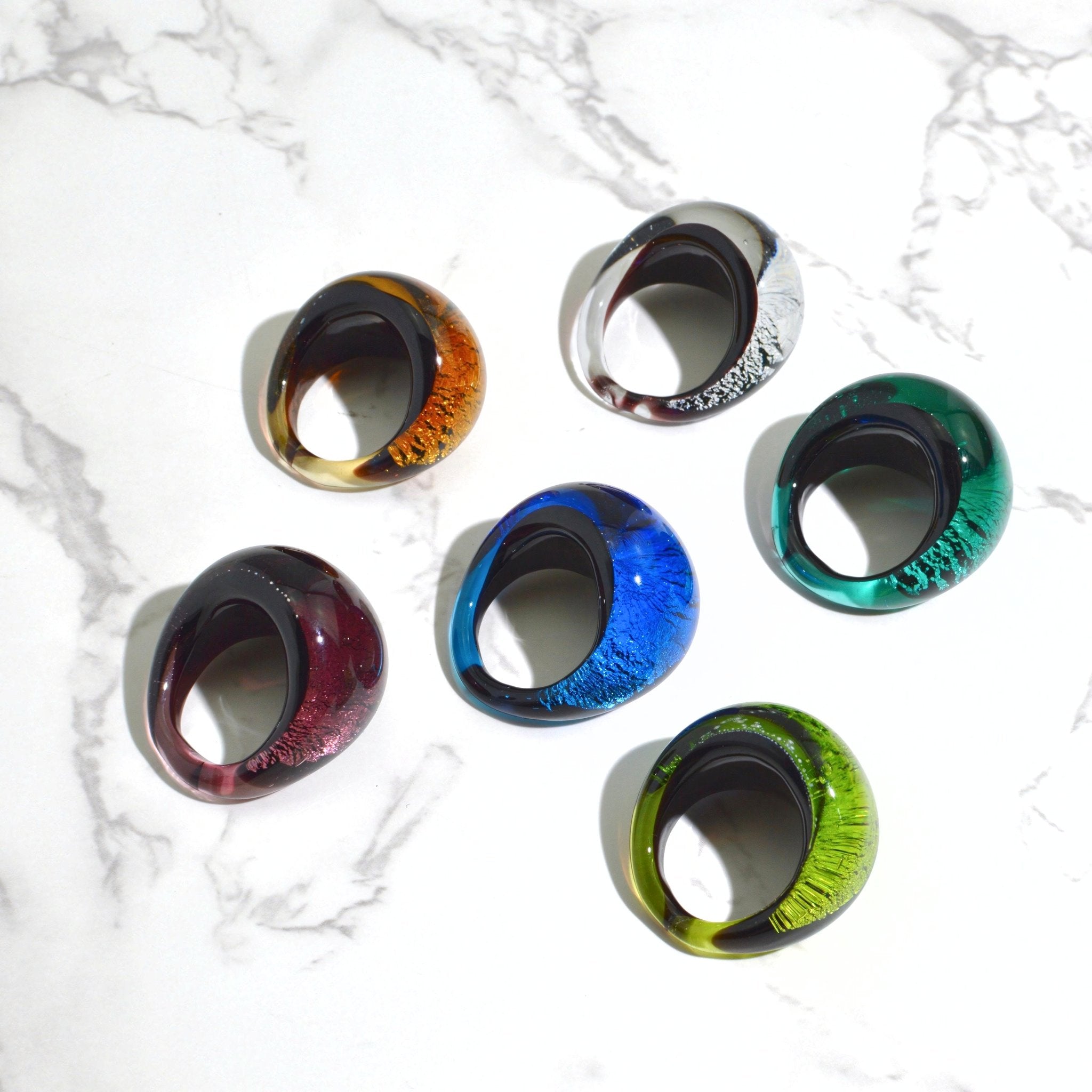 Murano Glass Arno Statement Ring in cobalt, teal, and silver with intricate design, made in Italy by MyItalianDecor.