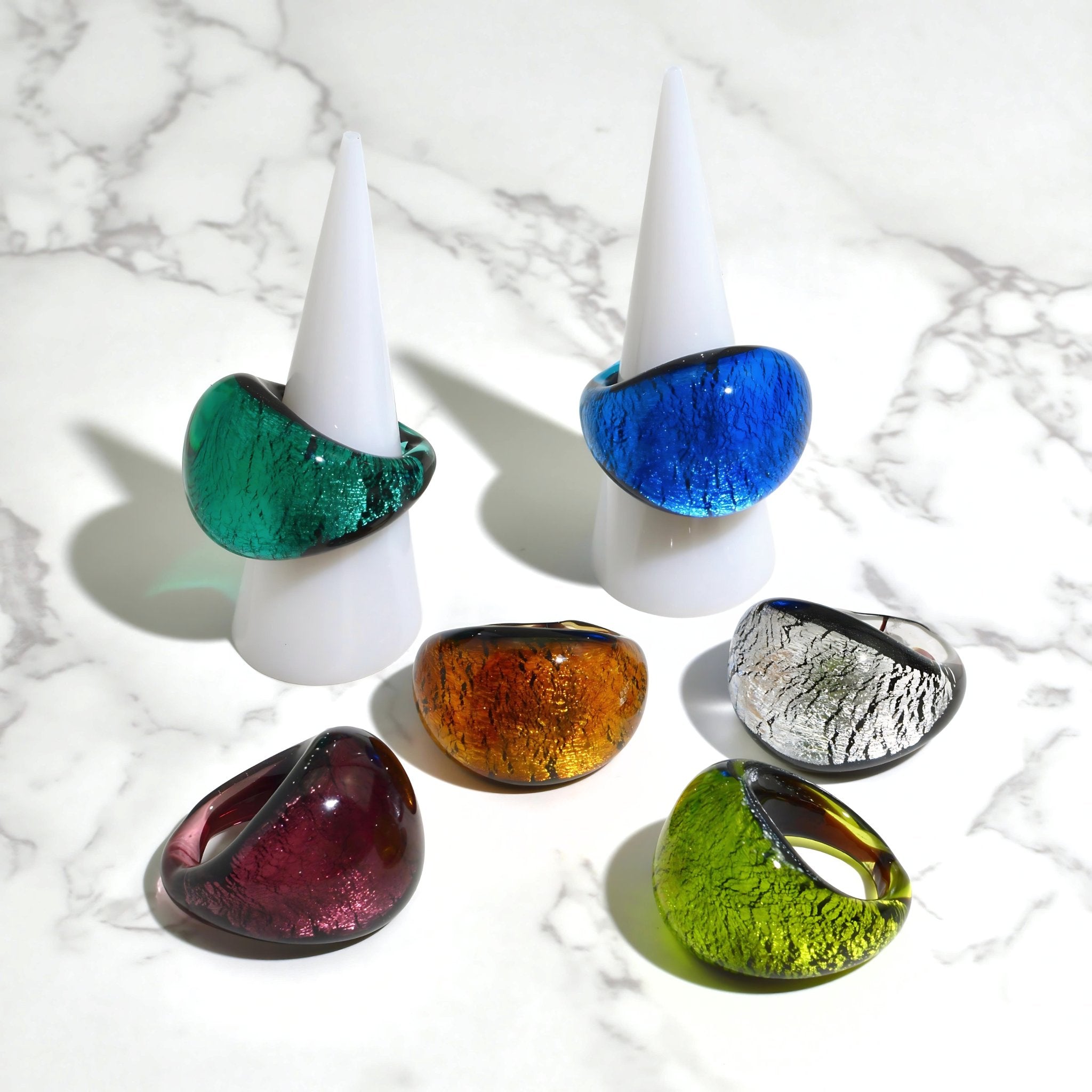 Murano Glass Arno statement ring in cobalt and teal with silver accents, made in Italy, featuring colorful handcrafted glass design.