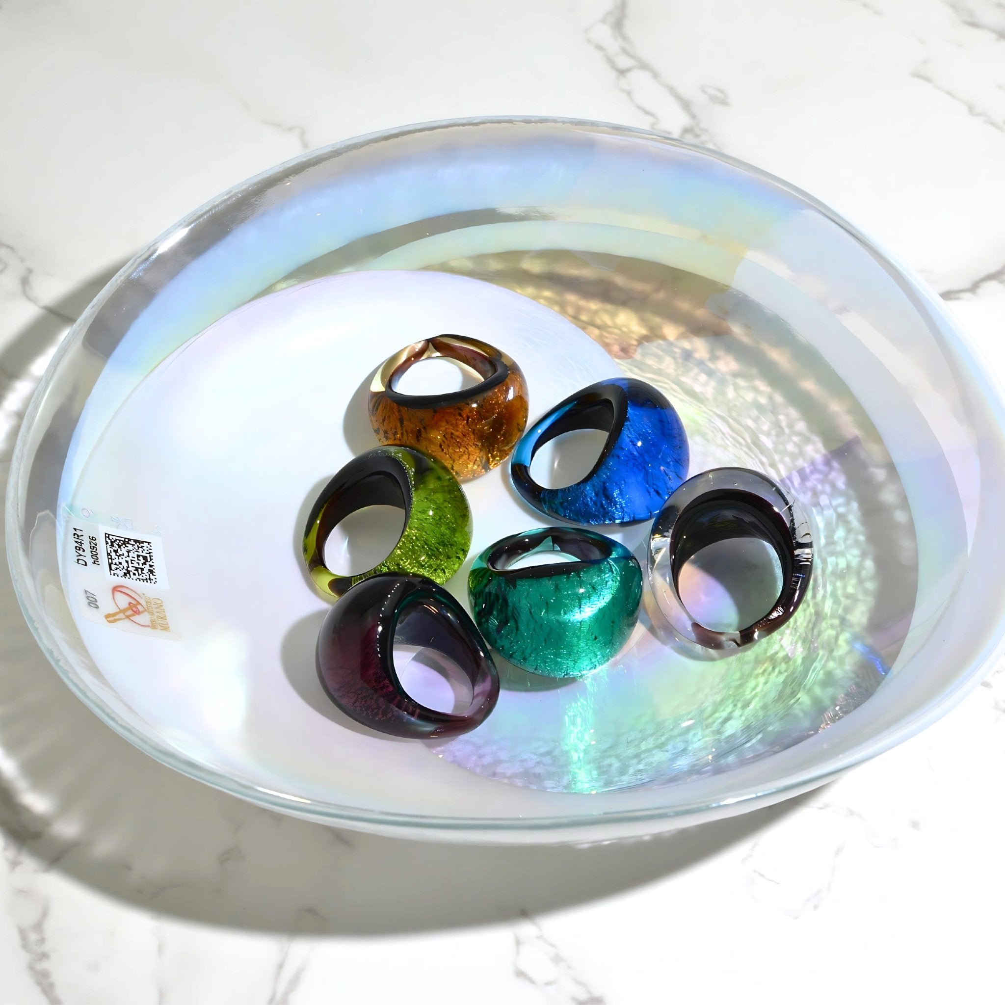 Murano Glass Arno Statement Rings in cobalt, teal, and silver displayed in a Yalos bowl, made in Italy by MyItalianDecor.