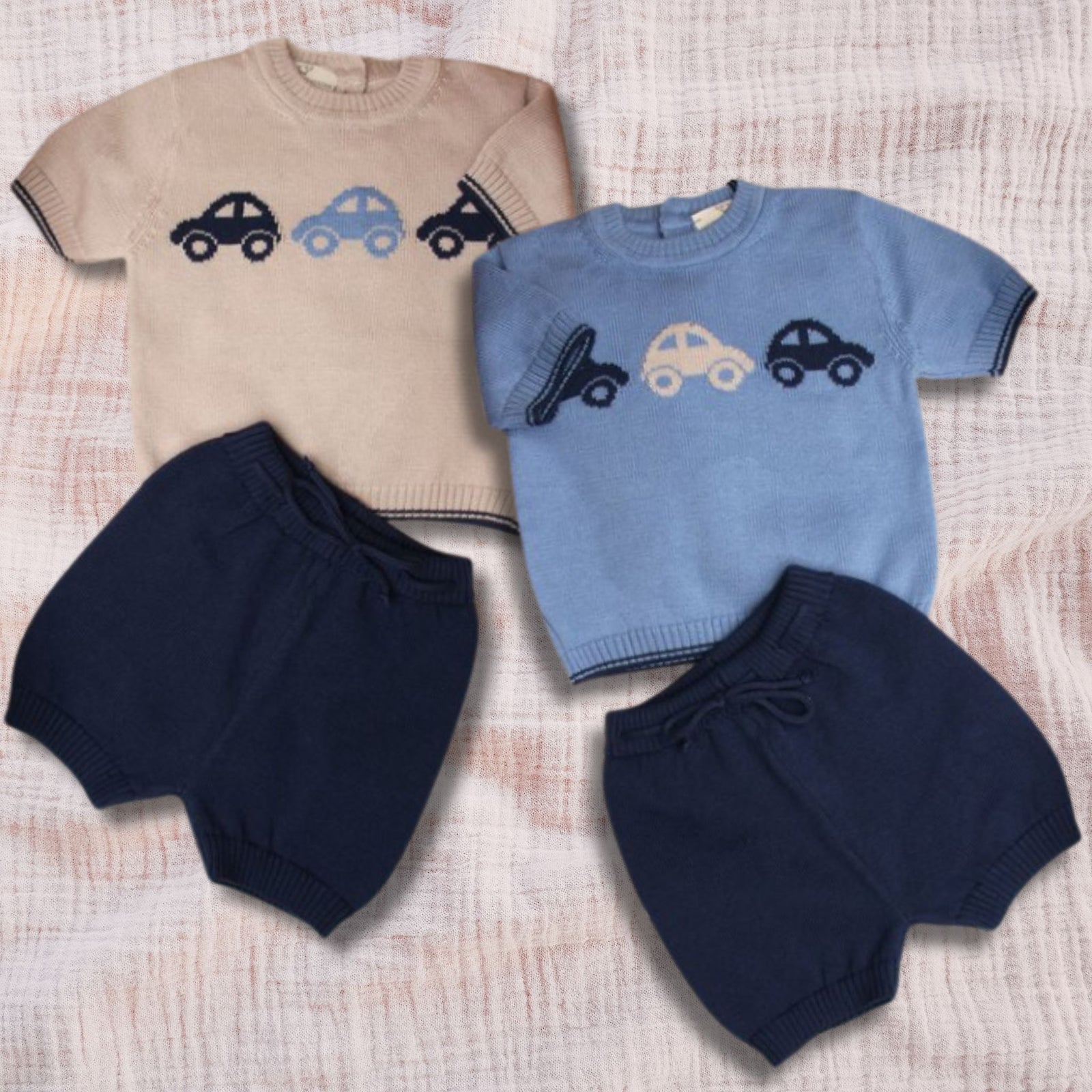 2pc Baby Sweater & Shorts Set - Blue Cars - Matching Blanket Optional - My Italian Decor