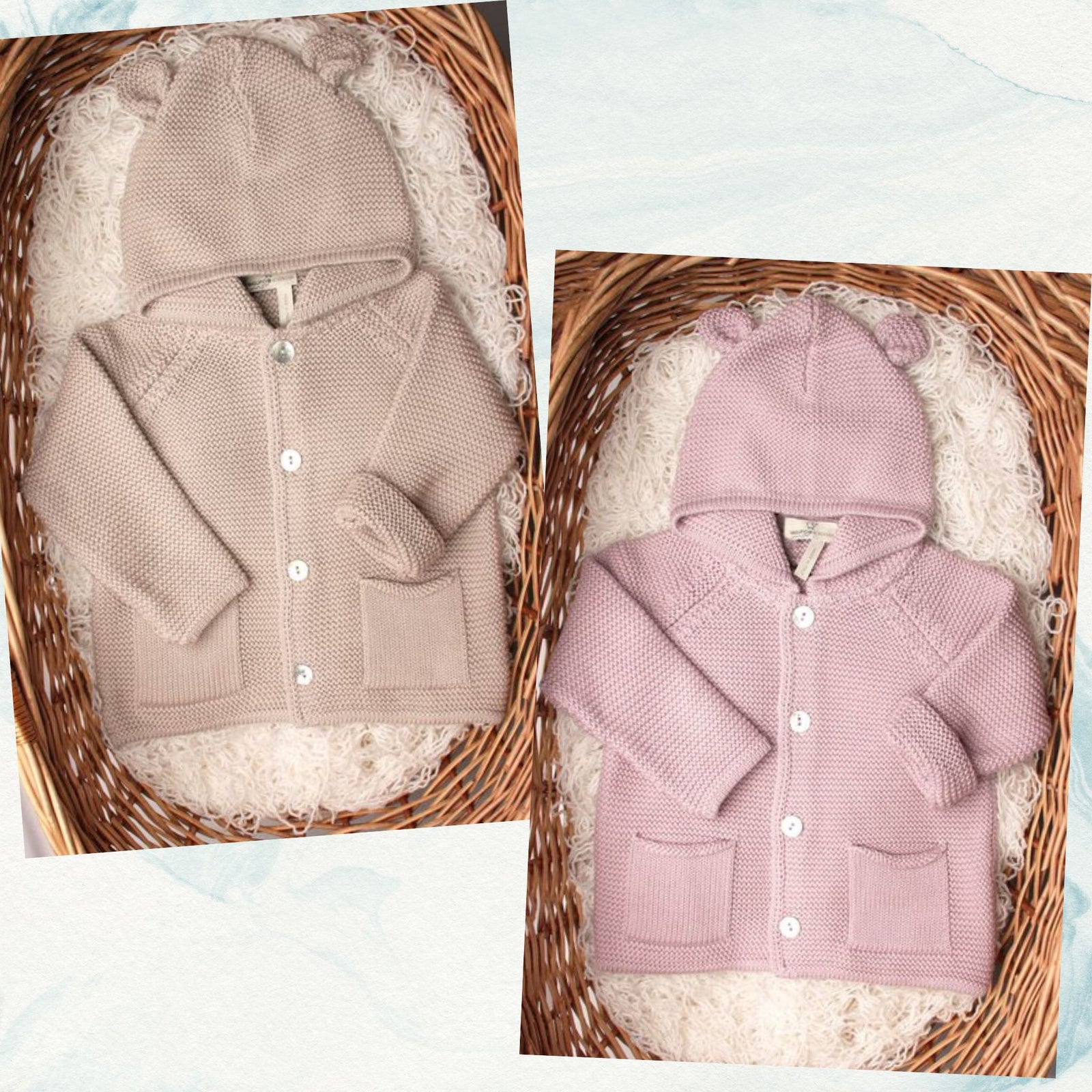 Soft knitted baby hoodie with ears made from 100% organic cotton, designed for infants and made in Italy.
