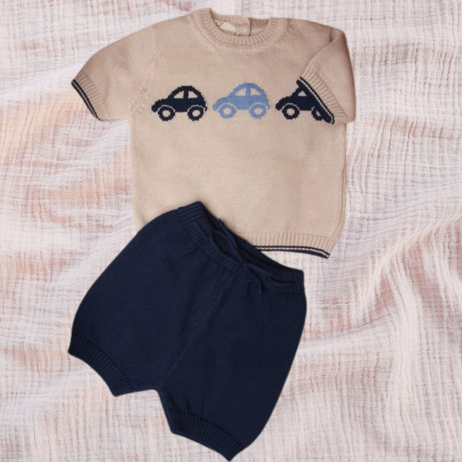 2pc Baby Sweater & Shorts Set - Blue Cars - Matching Blanket Optional - My Italian Decor
