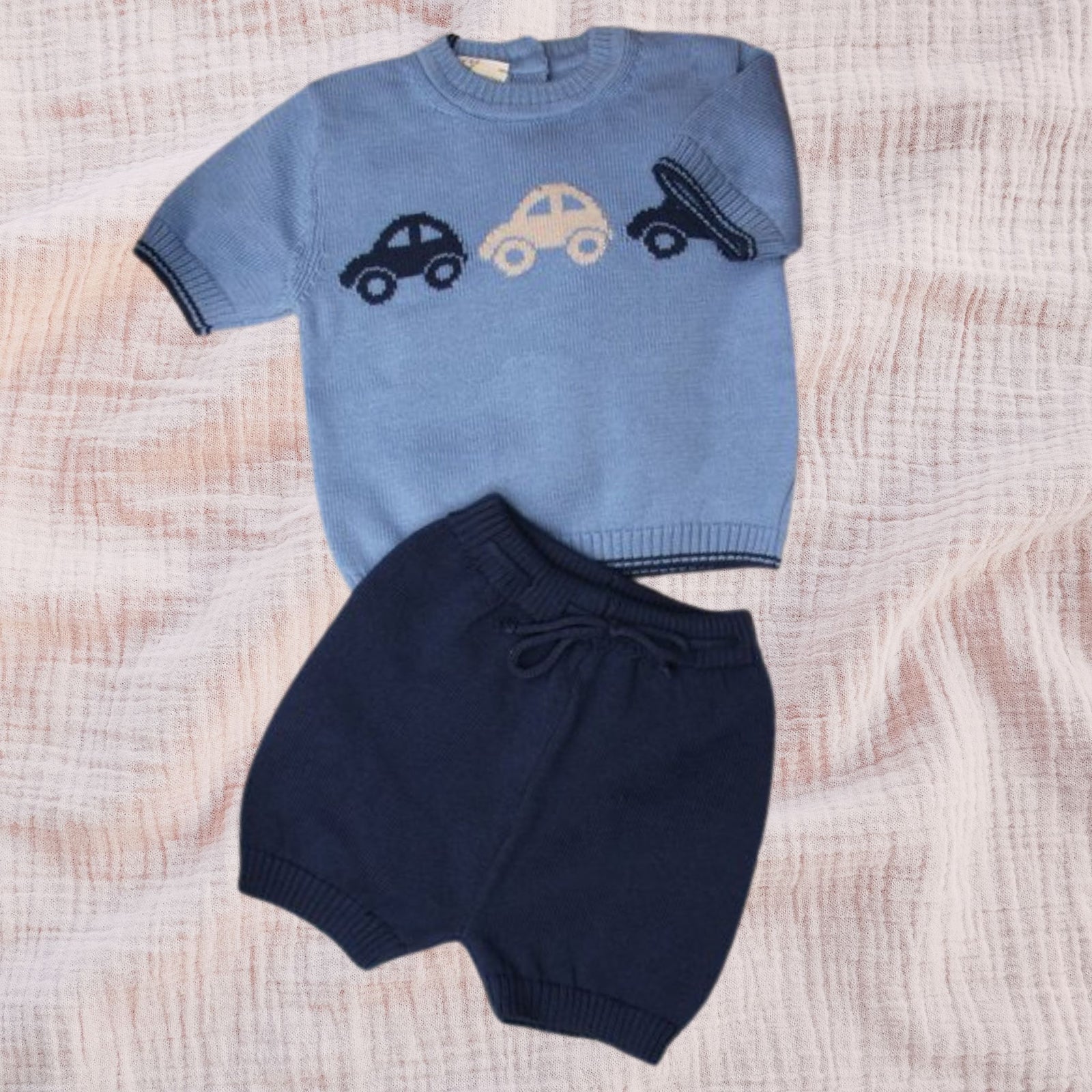 2pc Baby Sweater & Shorts Set - Blue Cars - Matching Blanket Optional - My Italian Decor