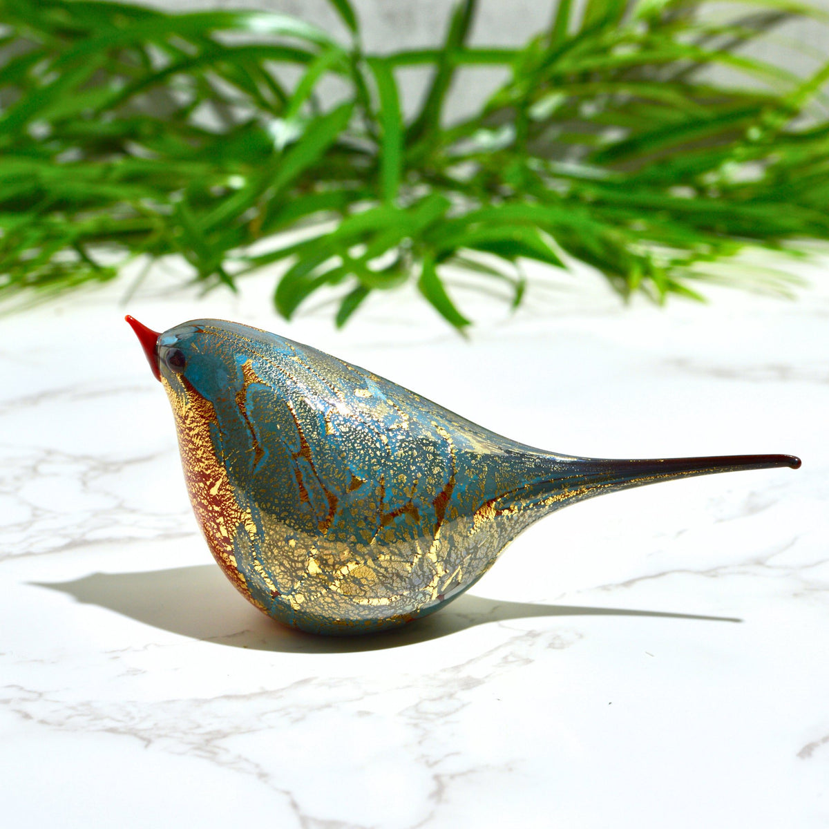 Murano Glass Red &amp; Teal Chirpie Bird - Bianca, Made in Italy