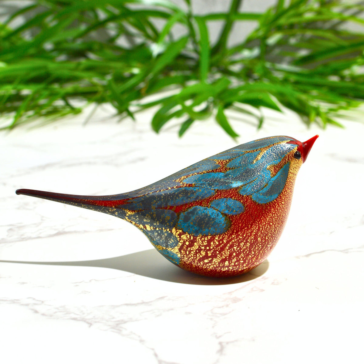 Murano Glass Red &amp; Teal Chirpie Bird - Bianca, Made in Italy