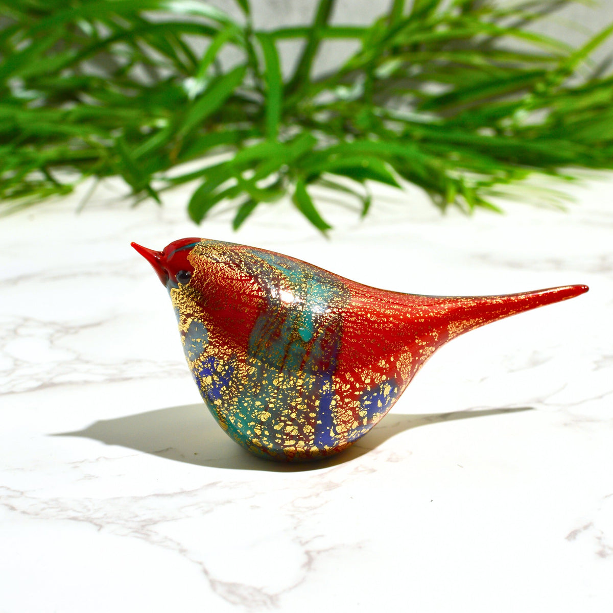 Murano Glass Red &amp; Teal Chirpie Bird - Bianca, Made in Italy