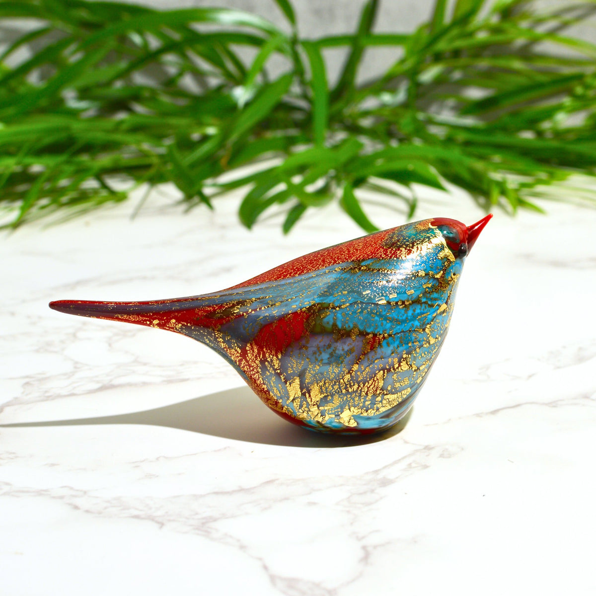 Murano Glass Red &amp; Teal Chirpie Bird - Bianca, Made in Italy