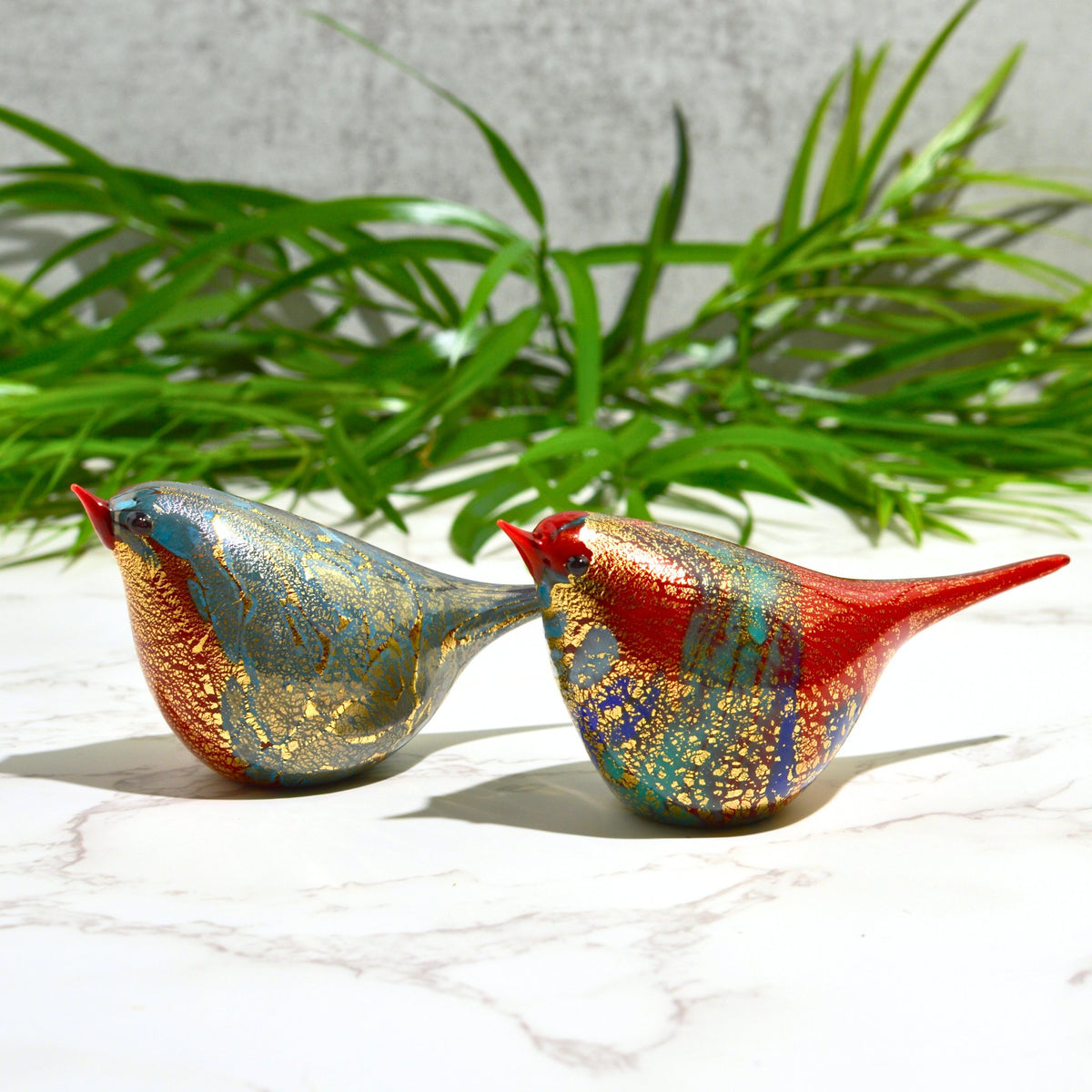 Murano Glass Red &amp; Teal Chirpie Bird - Bianca, Made in Italy