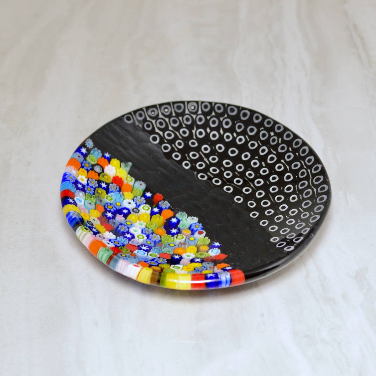 Round Murano Glass Luca Dish with Millefiori, Black, Made in Italy