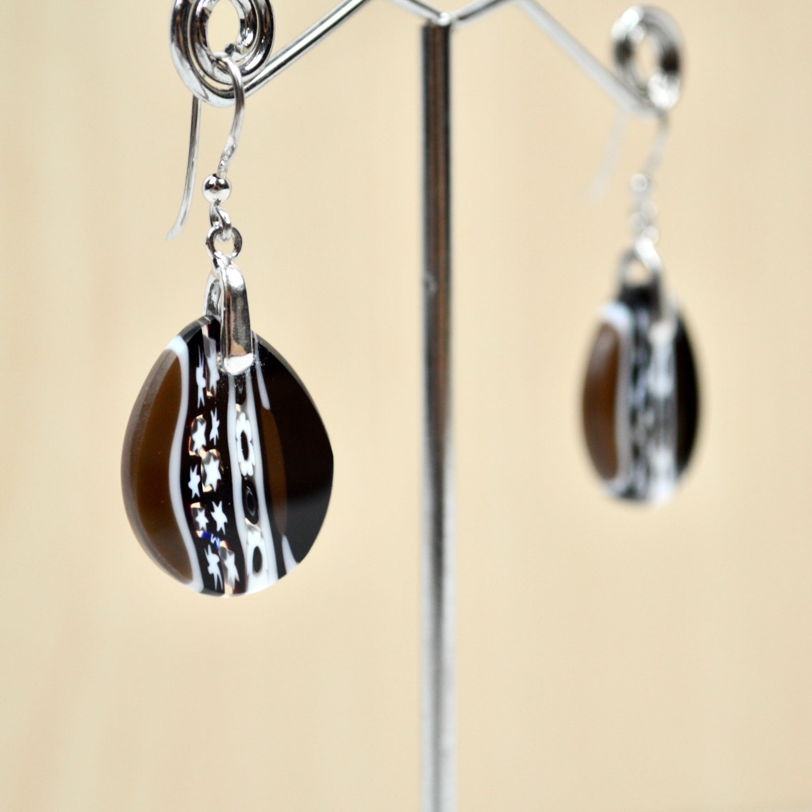 Murano Glass Millefiori Oval Dangle Earrings, Murrine Mosaic, Black & Amber - My Italian Decor